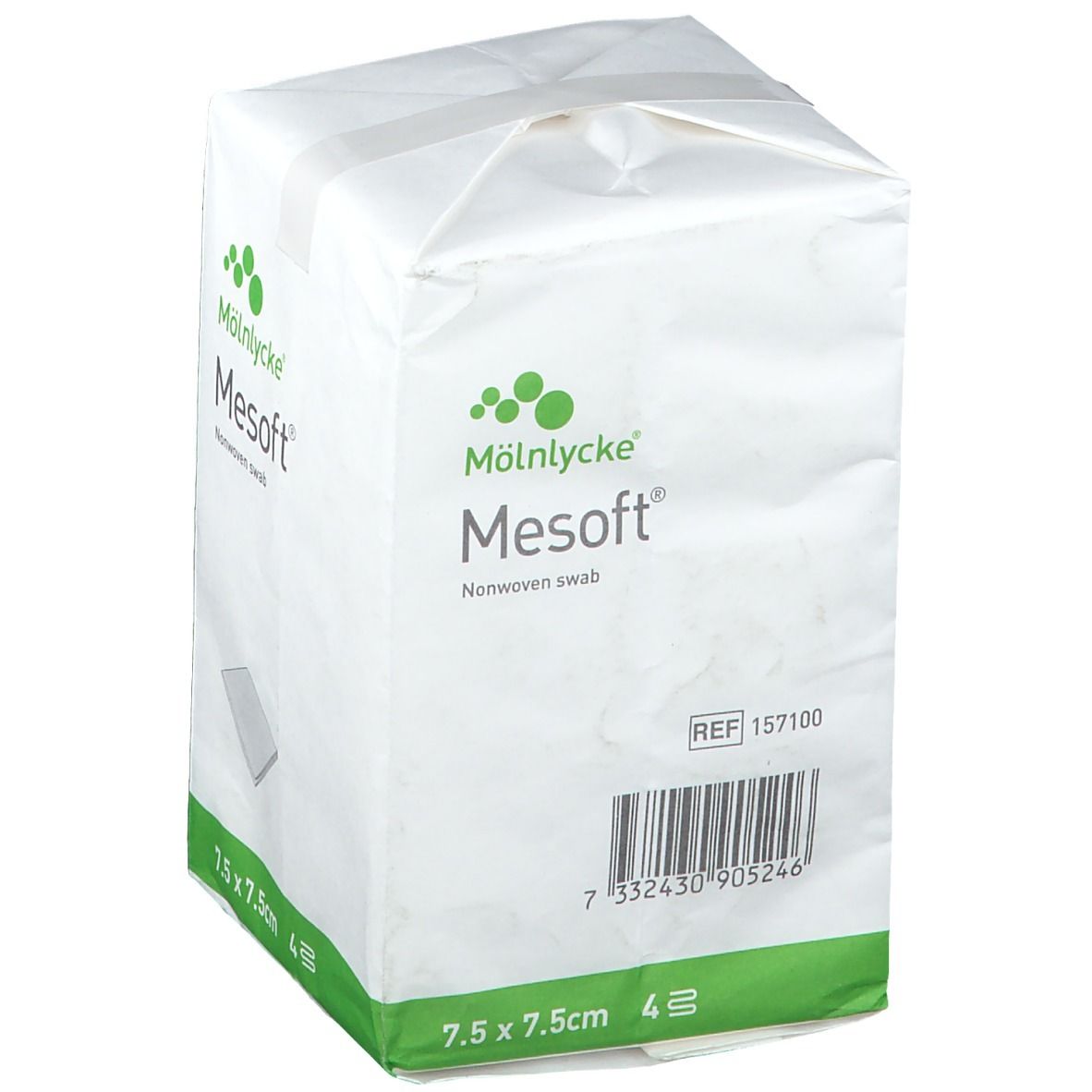 Verpackung mit Mesoft Wundauflage. Größe 7,5 x 7,5 cm. 4 Stück. Weißes Paket mit grünem Akzent, Barcode und Produktlogo.