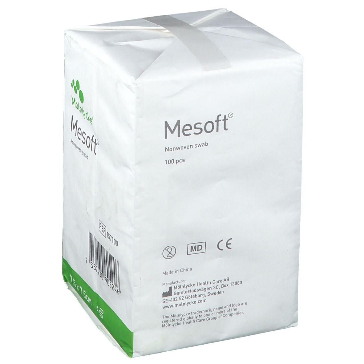 Verpackung mit Mesoft Wundauflage. 100 Stück. Weißes Paket mit grünem Akzent. Produktlogo, CE-Kennzeichnung und Herstellerinformationen.