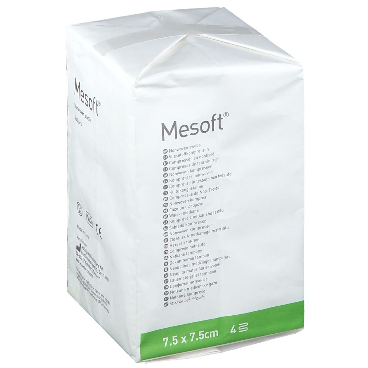 Verpackung mit Mesoft Wundauflage. Größe 7,5 x 7,5 cm. 4 Stück. Weißes Paket mit grünem Akzent. Mehrsprachige Produktbezeichnungen.