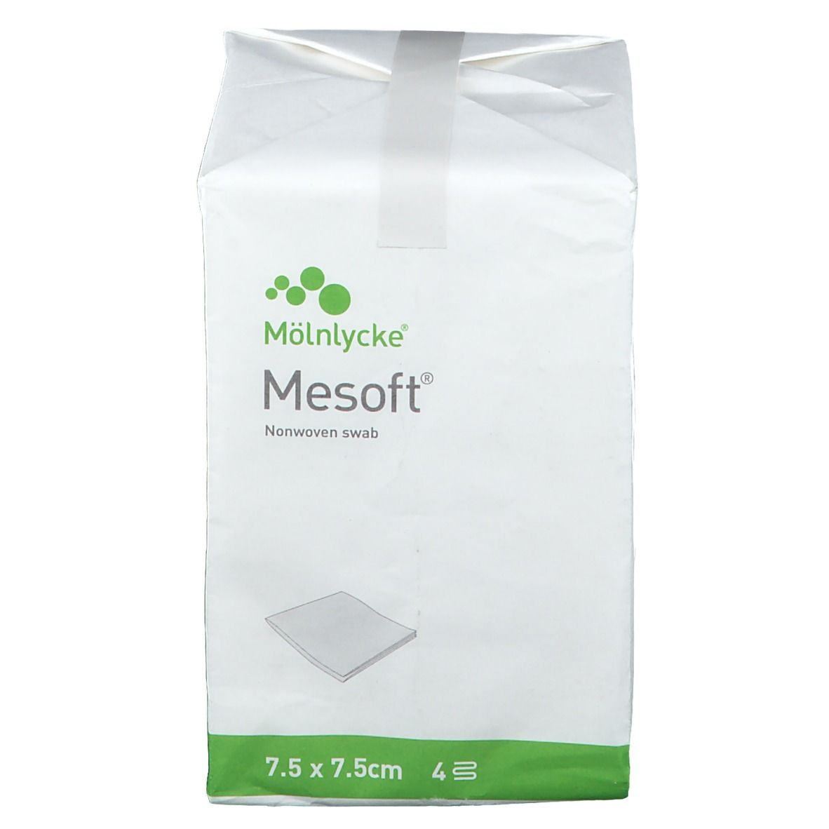 Verpackung mit Mesoft Wundauflage. Größe 7,5 x 7,5 cm. 4 Stück. Weißes Paket mit grünem Akzent und Produktlogo.