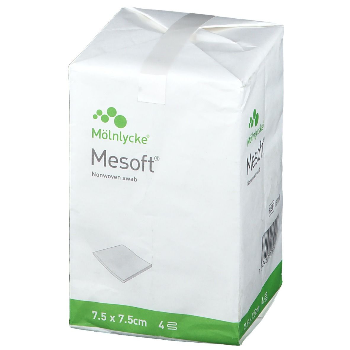 Verpackung mit Mesoft Wundauflage. Größe 7,5 x 7,5 cm. 4 Stück. Weißes Paket mit grünem Akzent und Produktlogo.
