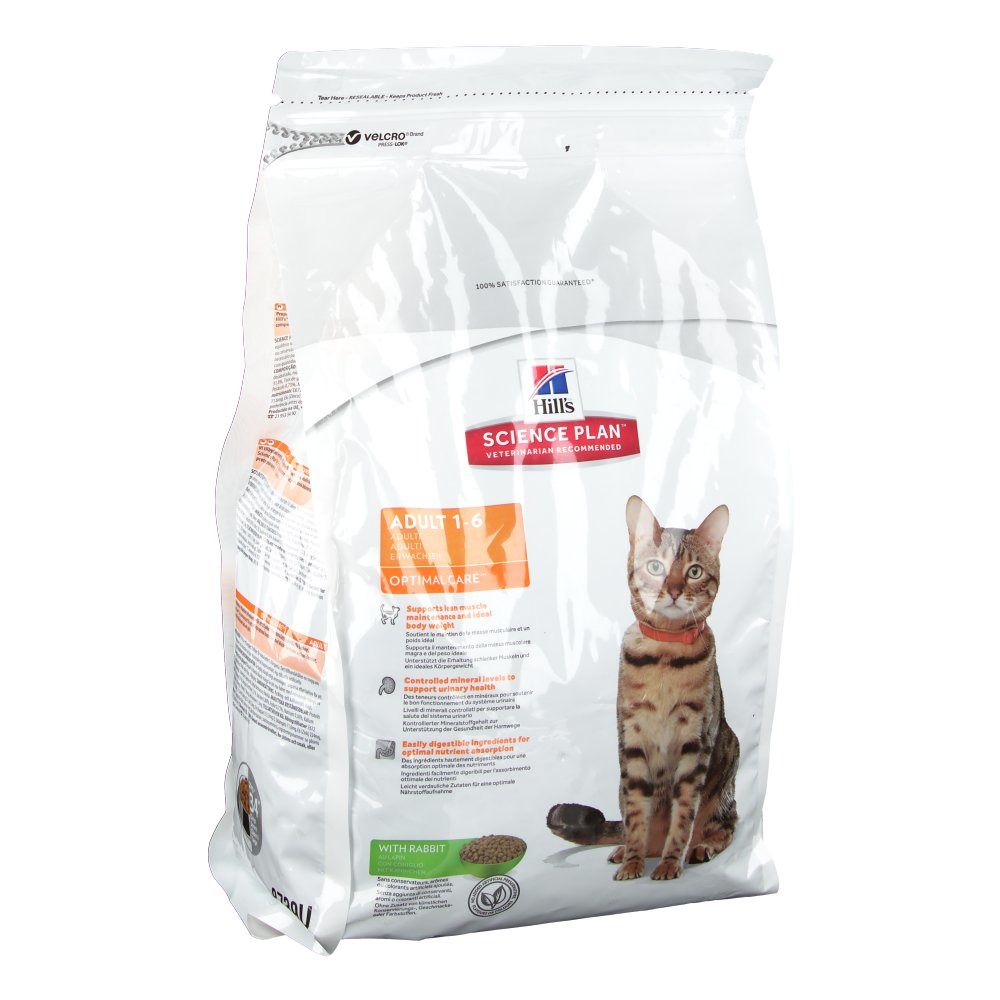 Sac de nourriture pour chats. Inscription : Hill's Science Plan Adult 1-6, chat, lapin. Image d'un chat.