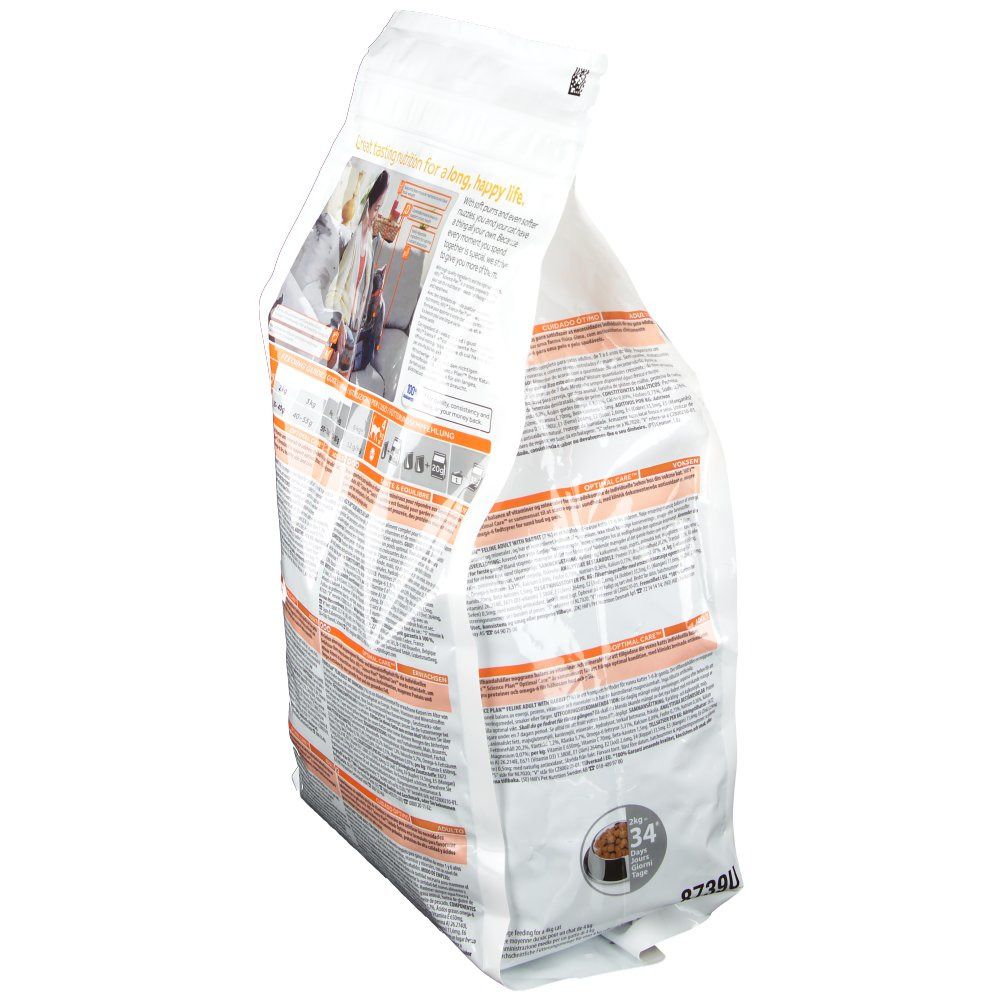 Vue en biais du sac de nourriture pour chats. Texte et graphiques. Inscription : Hill's Science Plan. 8730U.