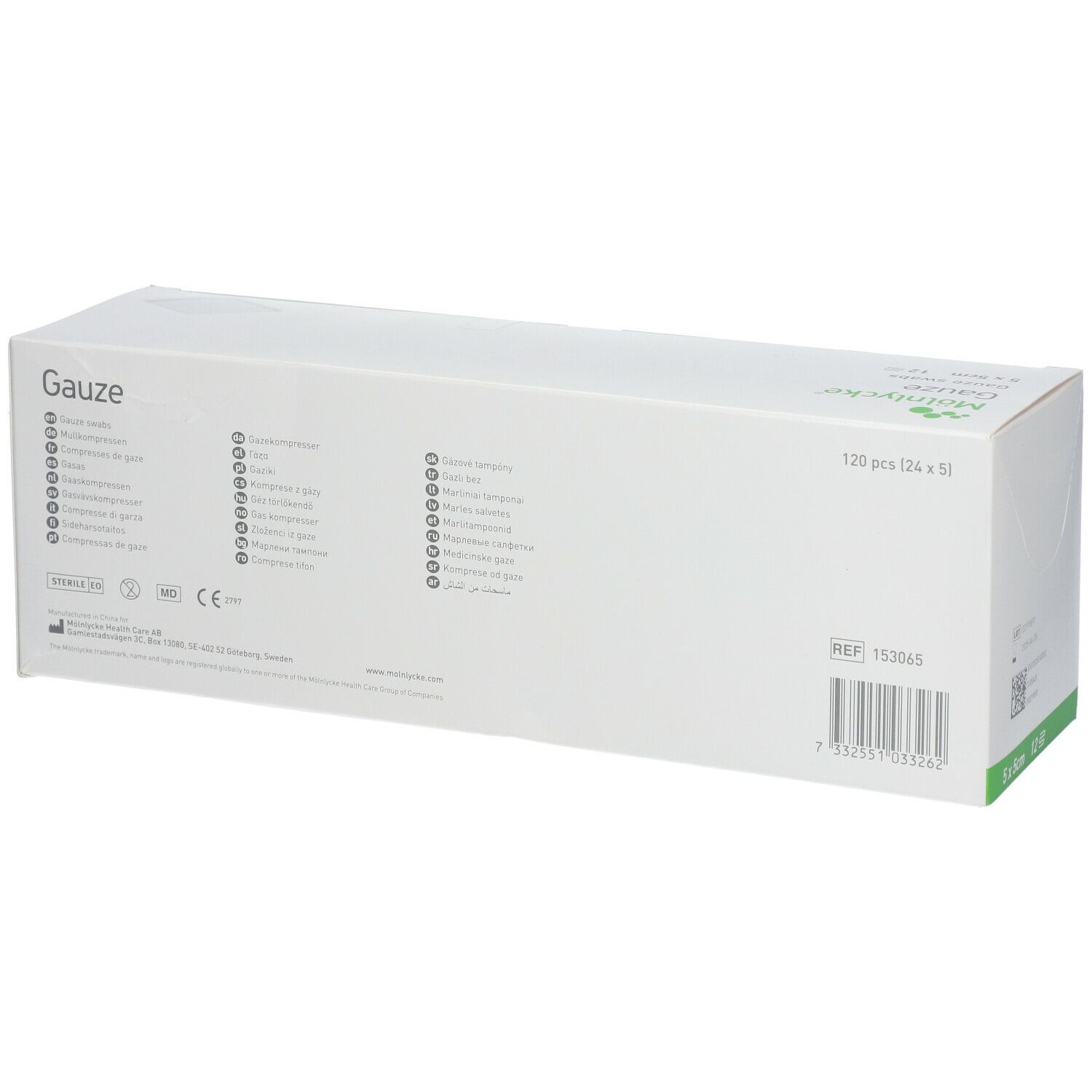 Achterkant van een witte kartonnen verpakking. Opschrift: Gauze, 120 stuks (12x5). REF 153065. Streepjescode en CE-markering.