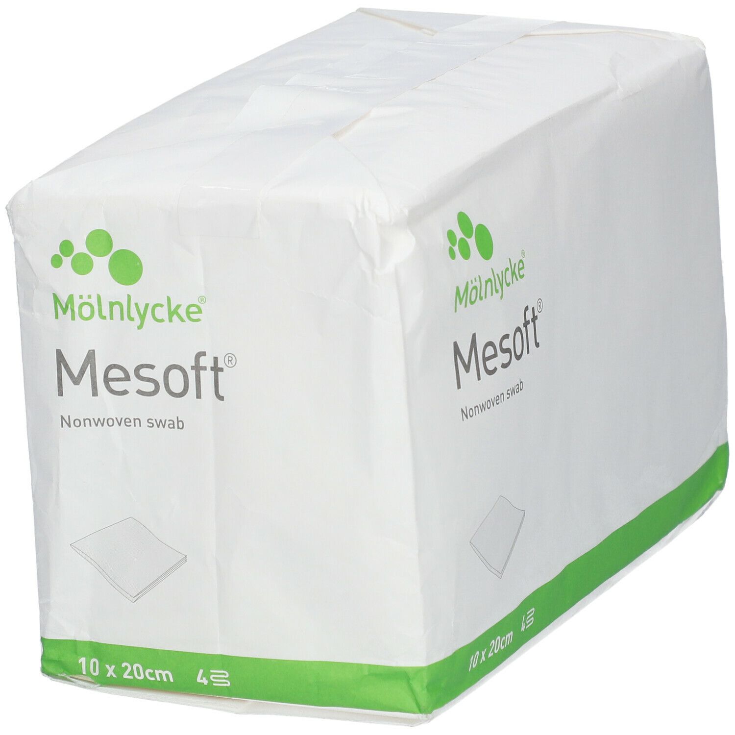 Compresse en non-tissé Mesoft®, 10 x 20 cm, 4 pièces. Emballage blanc avec bande verte et logo. Nom et taille du produit visibles.