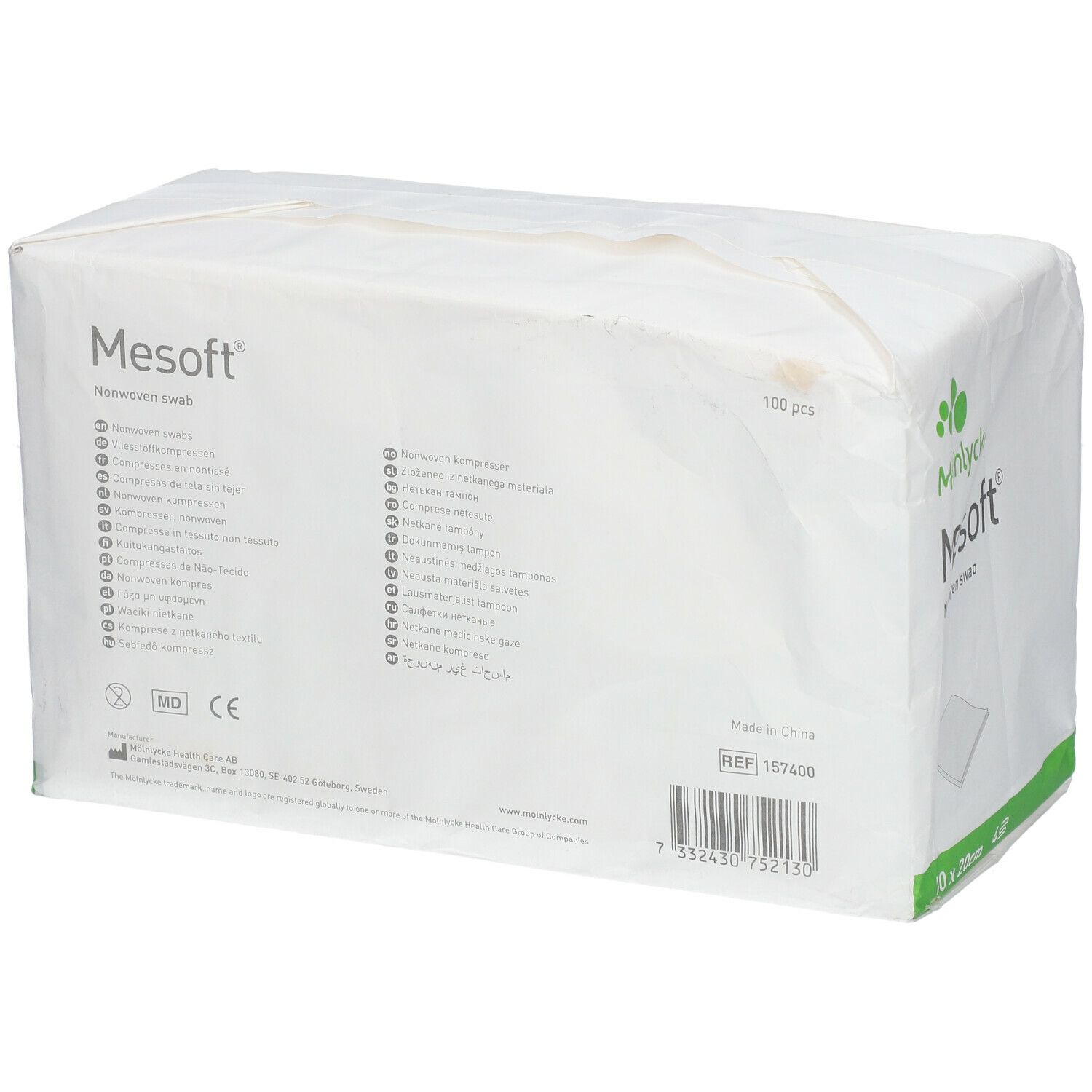 Compresses Mesoft®, 100 pièces. Emballage blanc avec texte et logo. Marquage dispositif médical. Taille 10 x 20 cm.
