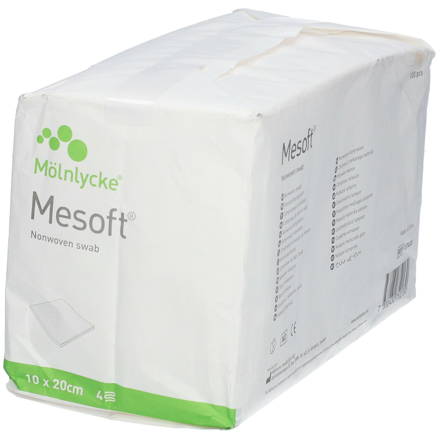 Compresse en non-tissé Mesoft®, 10 x 20 cm, 4 pièces. Emballage blanc avec bande verte et logo. Nom et taille du produit visibles.