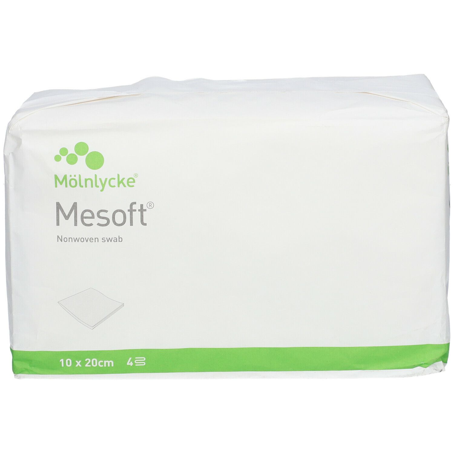 Compresse en non-tissé Mesoft®, 10 x 20 cm, 4 pièces. Emballage blanc avec bande verte et logo. Nom et taille du produit visibles.