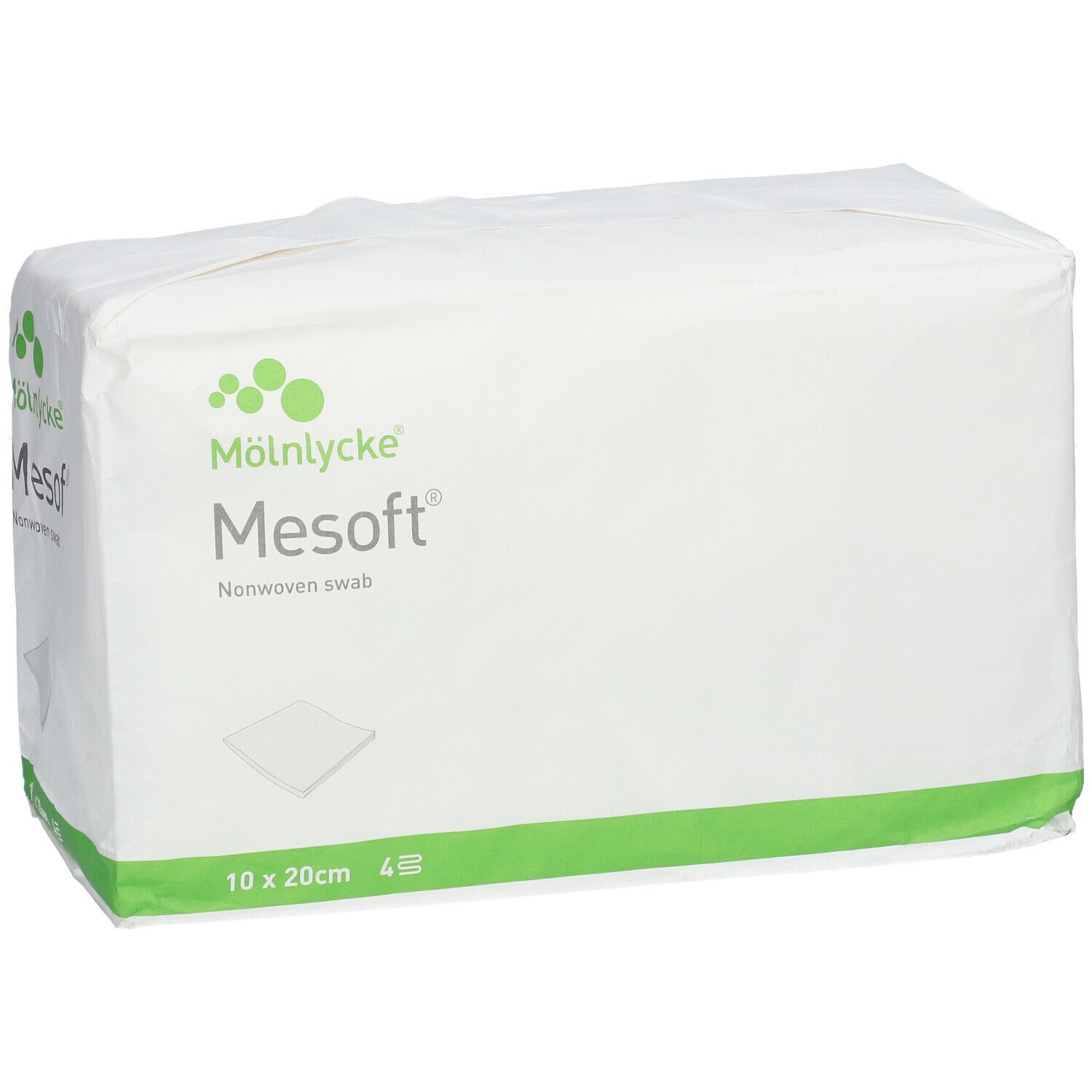 Compresse en non-tissé Mesoft®, 10 x 20 cm, 4 pièces. Emballage blanc avec bande verte et logo. Nom et taille du produit visibles.