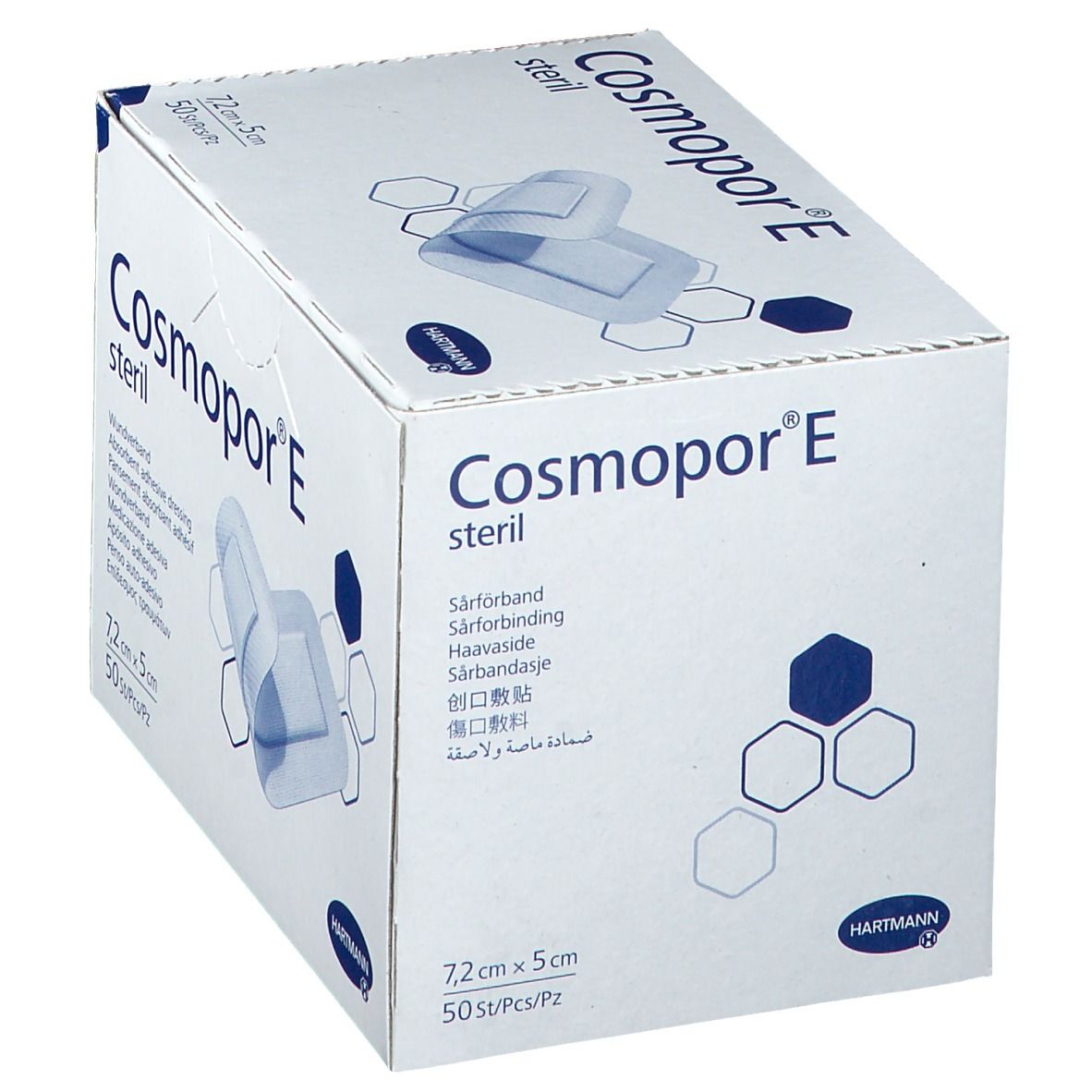 Doos HARTMANN Cosmopor E steriel. Opschrift: 7,2 cm x 5 cm, 50 stuks/pz. Meertalige productnamen.