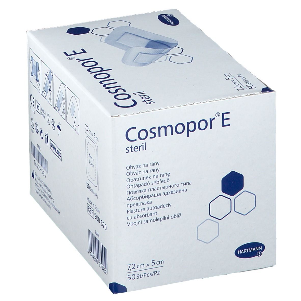 Doos HARTMANN Cosmopor E steriel. Opschrift: 7,2 cm x 5 cm, 50 stuks/pz. Meertalige productnamen.