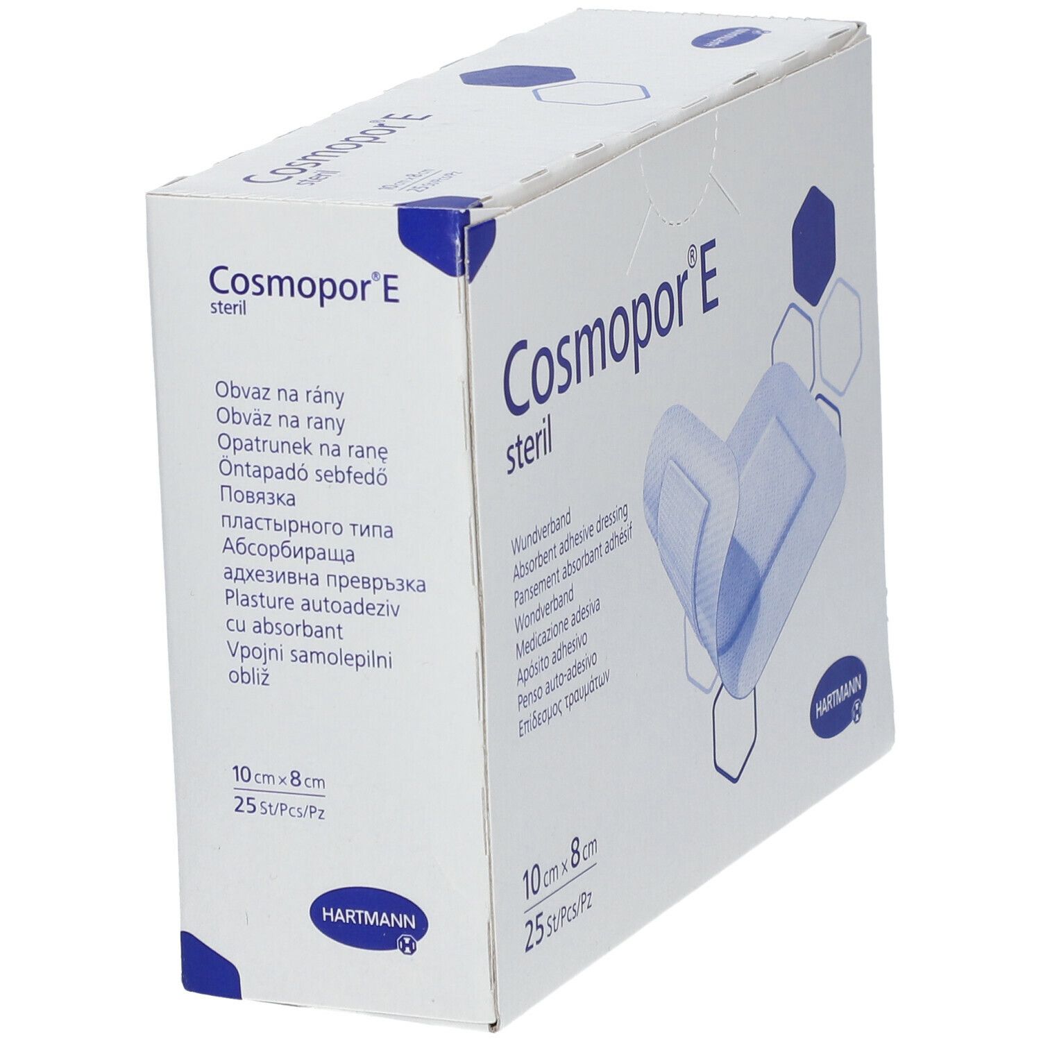 Schuin geplaatste verpakking van Cosmopor® E steriel. Afmeting: 10 x 8 cm. Bevat 25 stuks. Merk: HARTMANN. Geopend wondverband zichtbaar.