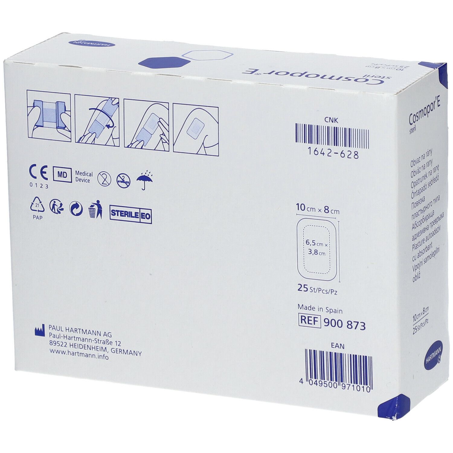 Achterkant van de verpakking van Cosmopor® E steriel. Productinformatie, CE-markering en pictogrammen. Afmeting: 10 x 8 cm. REF 900 873.