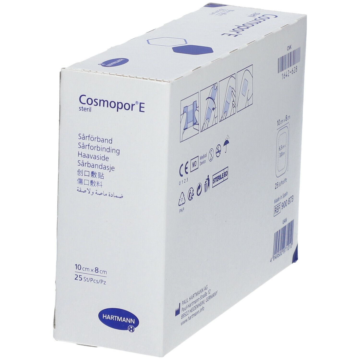 Verpakking van Cosmopor® E steriel. Afmeting: 10 x 8 cm. Bevat 25 stuks. Merk: HARTMANN. Productinformatie en pictogrammen zichtbaar.