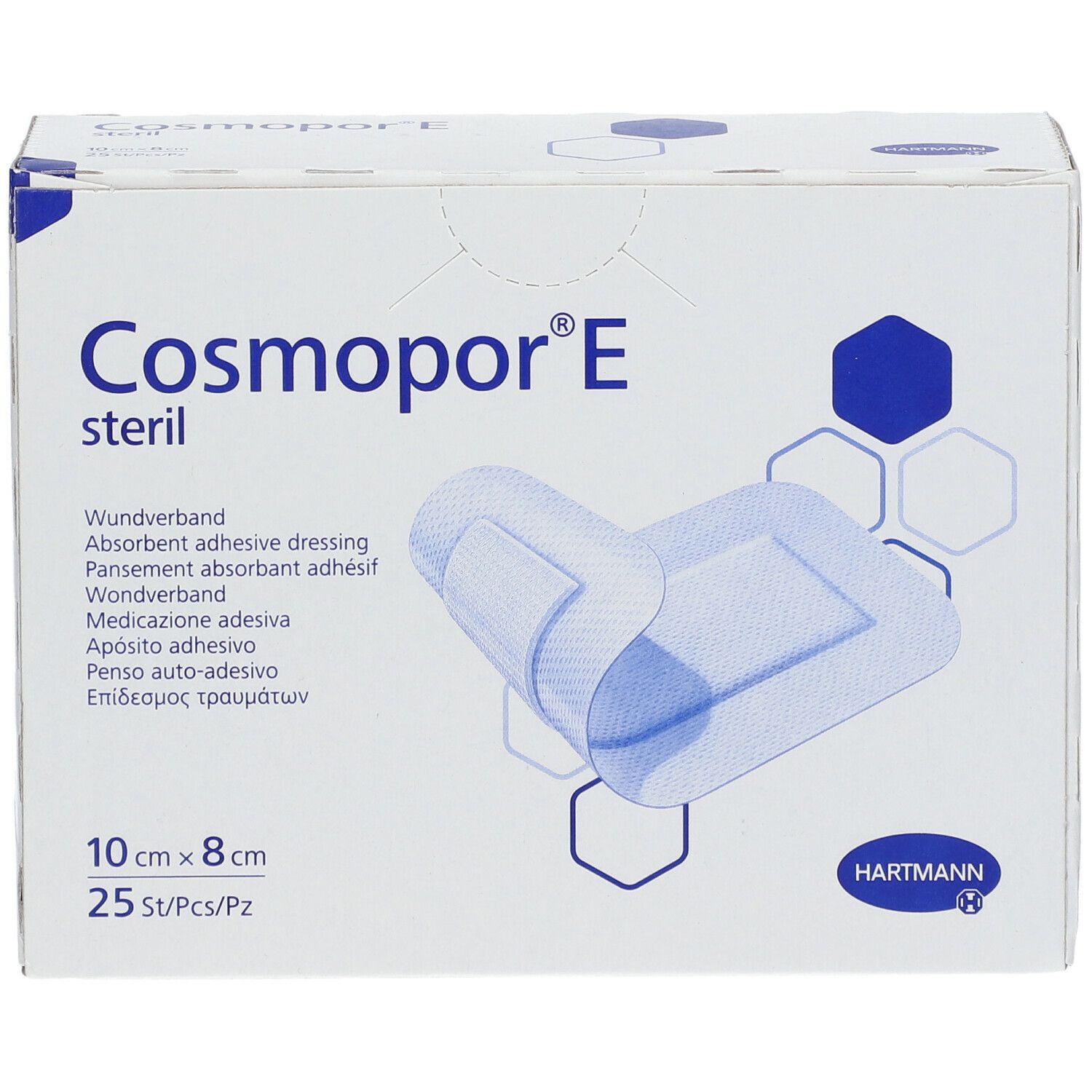 Verpakking van Cosmopor® E steriel. Toont een geopend wondverband. Afmeting: 10 x 8 cm. Bevat 25 stuks. Merk: HARTMANN.