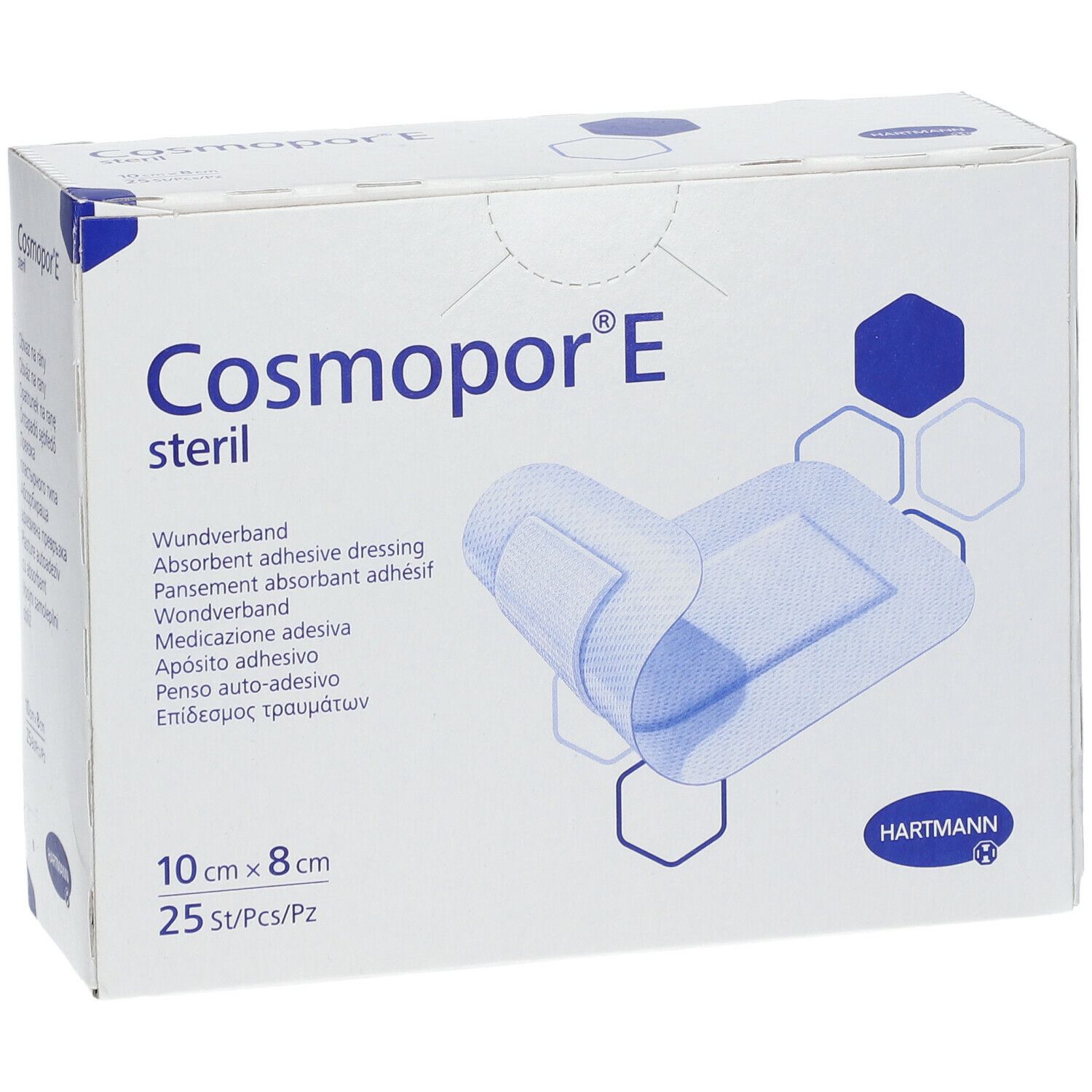 Verpakking van Cosmopor® E steriel. Toont een geopend wondverband. Afmeting: 10 x 8 cm. Bevat 25 stuks. Merk: HARTMANN.