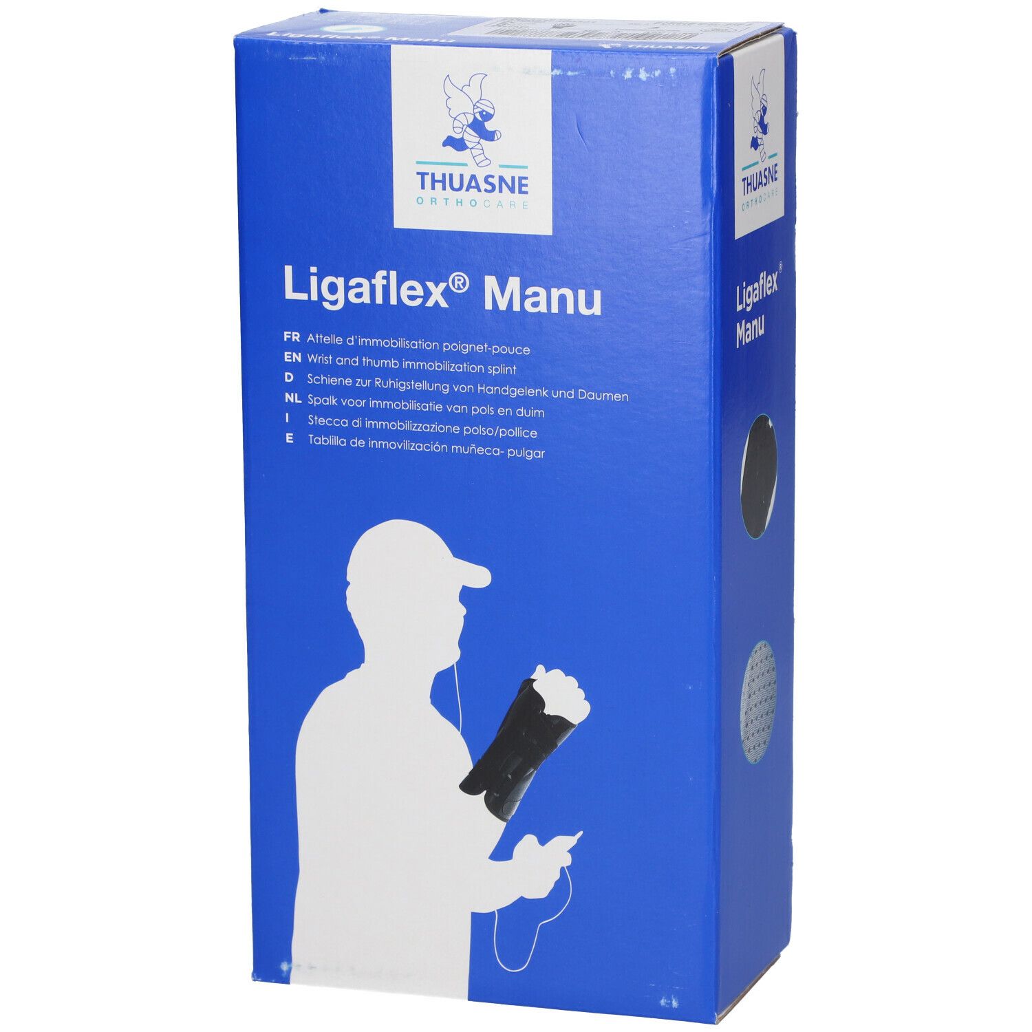 Blauwe doos met productnaam Ligaflex Manu en Thuasne logo. Illustratie van een polsbrace.