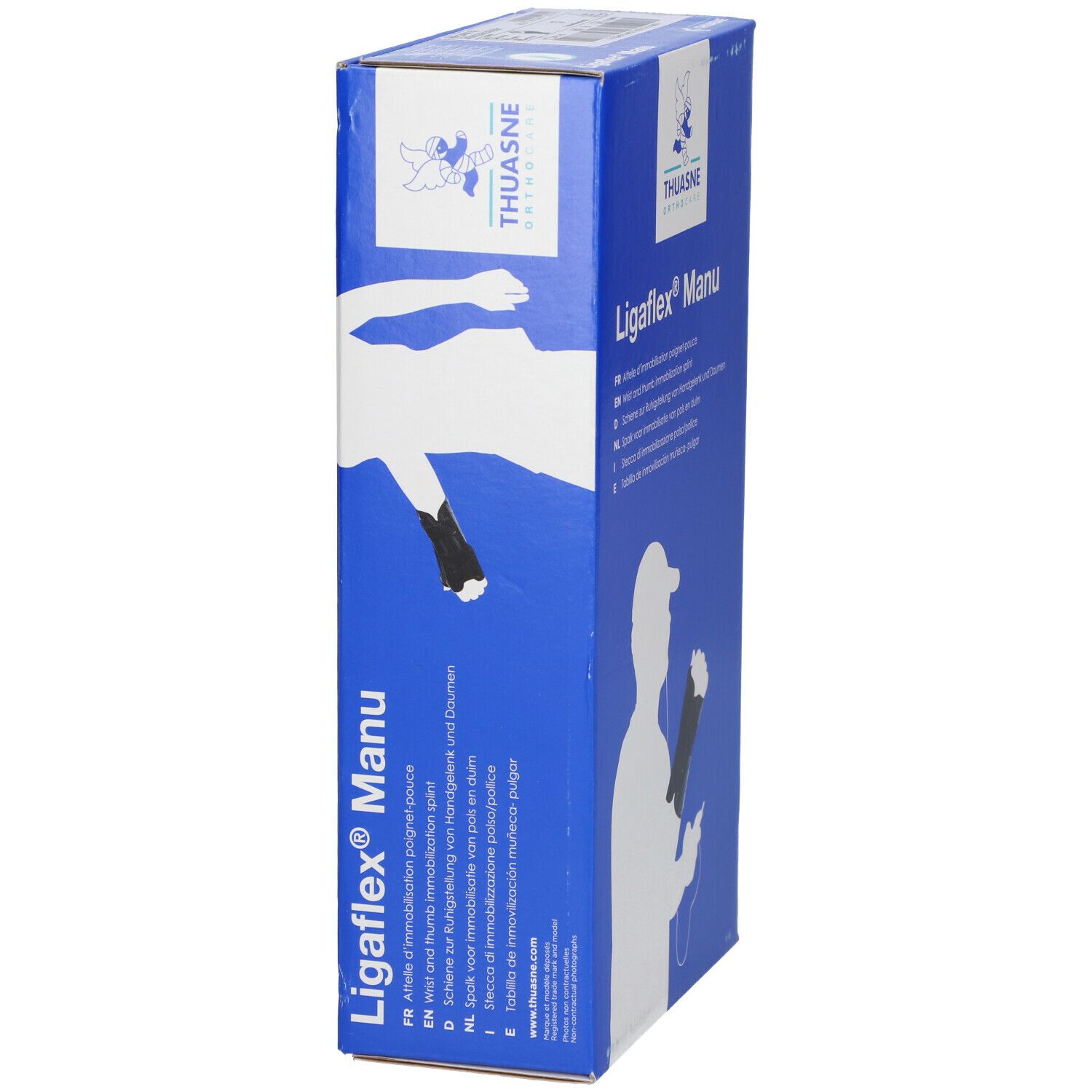 Blauwe verpakking met productnaam Ligaflex Manu en Thuasne logo. Illustratie van een polsbrace.