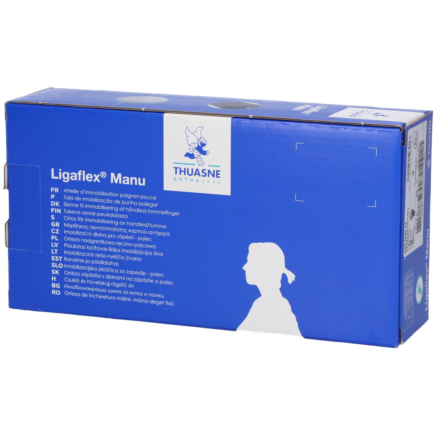 Blauwe verpakking met productnaam Ligaflex Manu en Thuasne logo. Meertalige productinformatie.