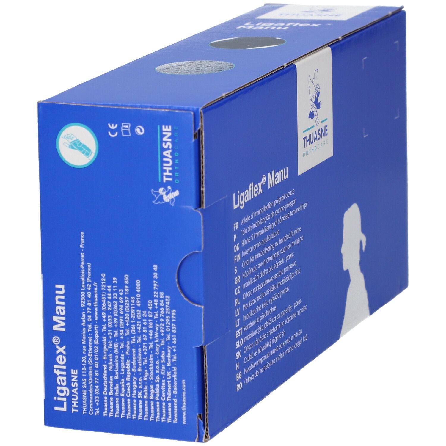 Blauwe verpakking met productnaam Ligaflex Manu en Thuasne logo. Zijaanzicht met productinformatie.