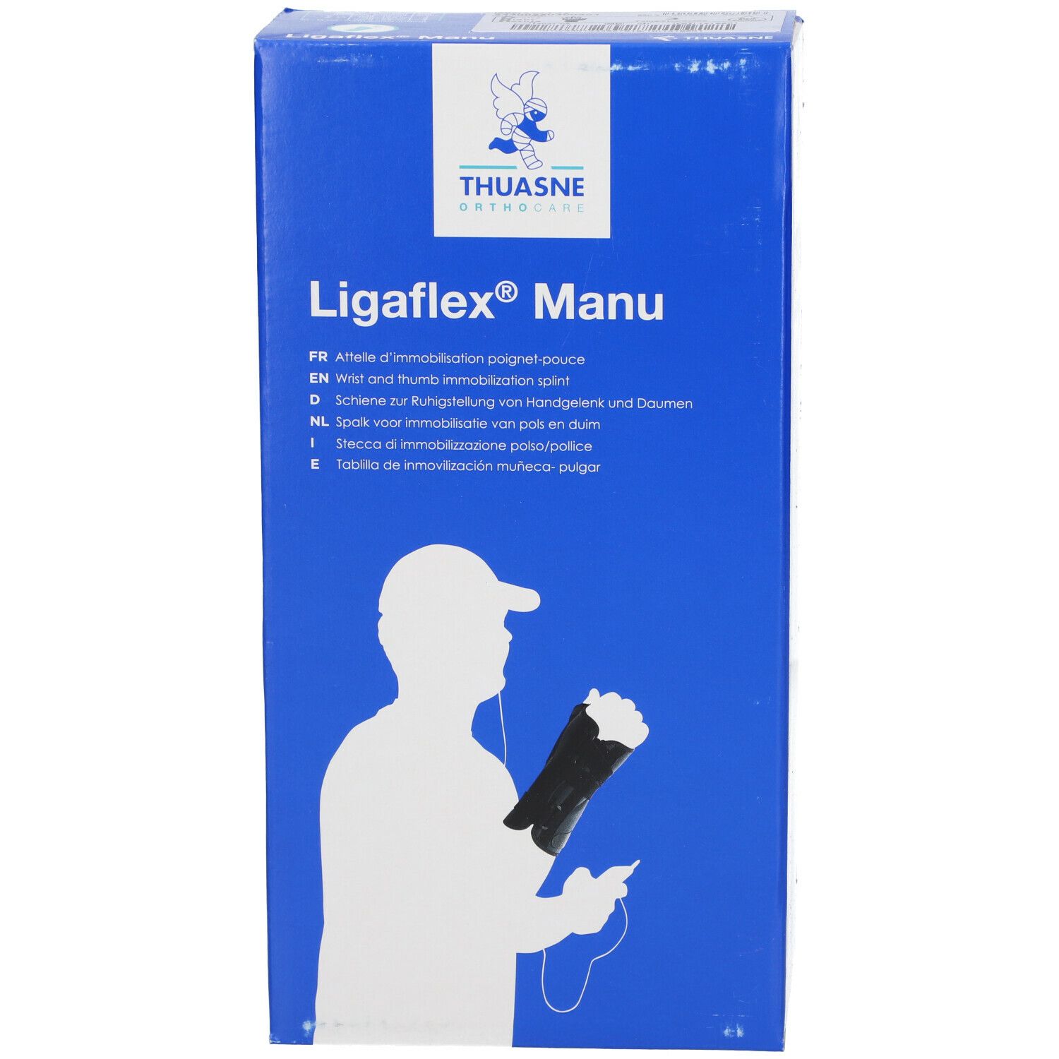 Blauwe verpakking met productnaam Ligaflex Manu en Thuasne logo. Illustratie van een polsbrace.