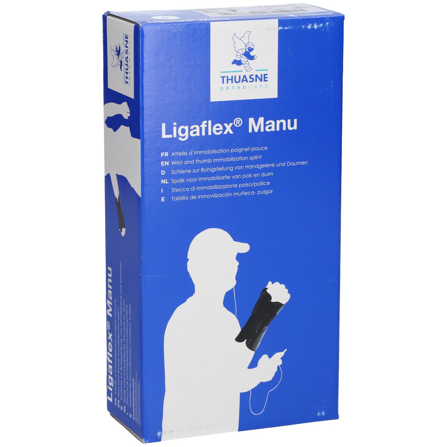 Blauwe verpakking met productnaam Ligaflex Manu en Thuasne logo. Illustratie van een polsbrace.