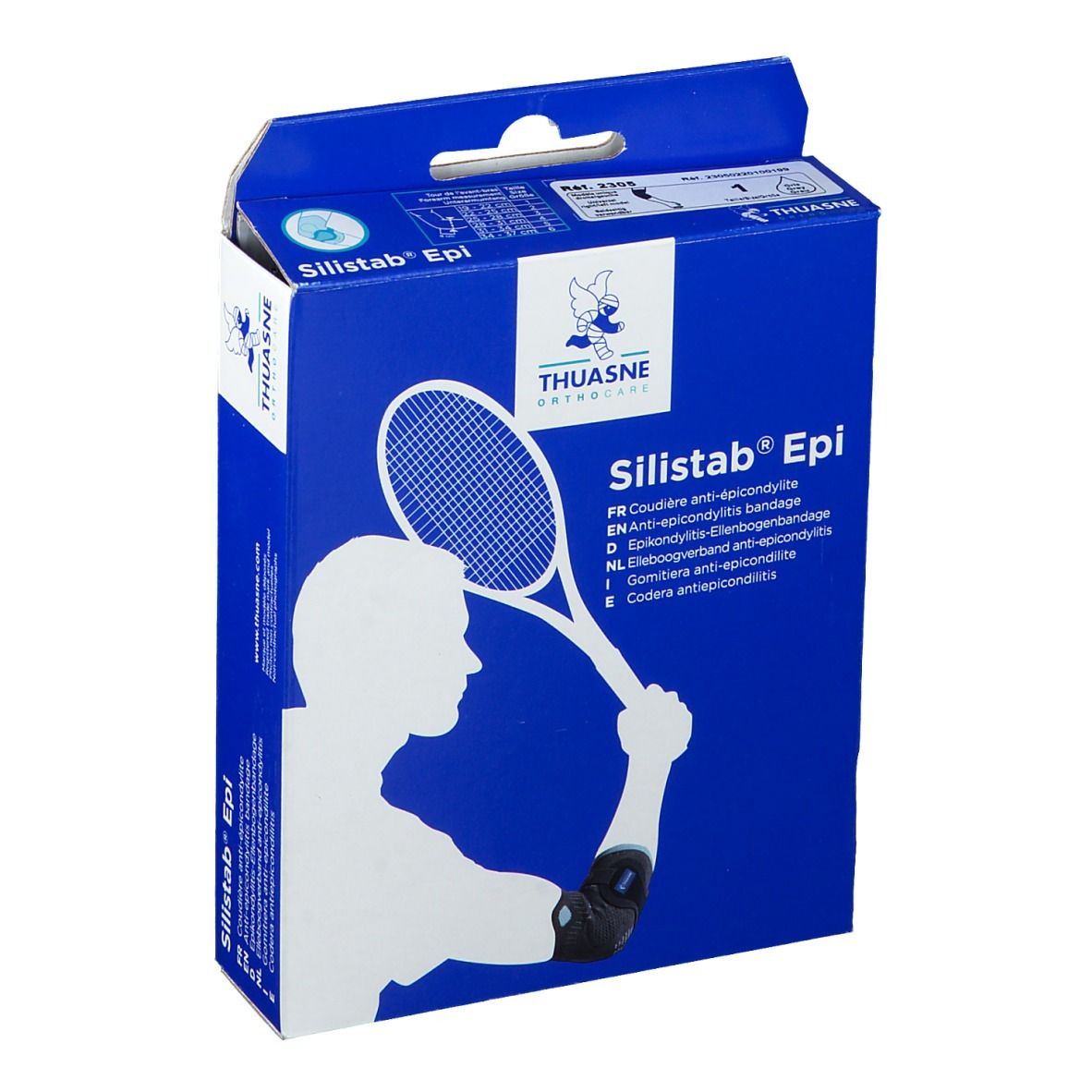 Boîte bleue Silistab Epi. Illustration d'un joueur de tennis avec coudière. Marque Thuasne. Texte multilingue.