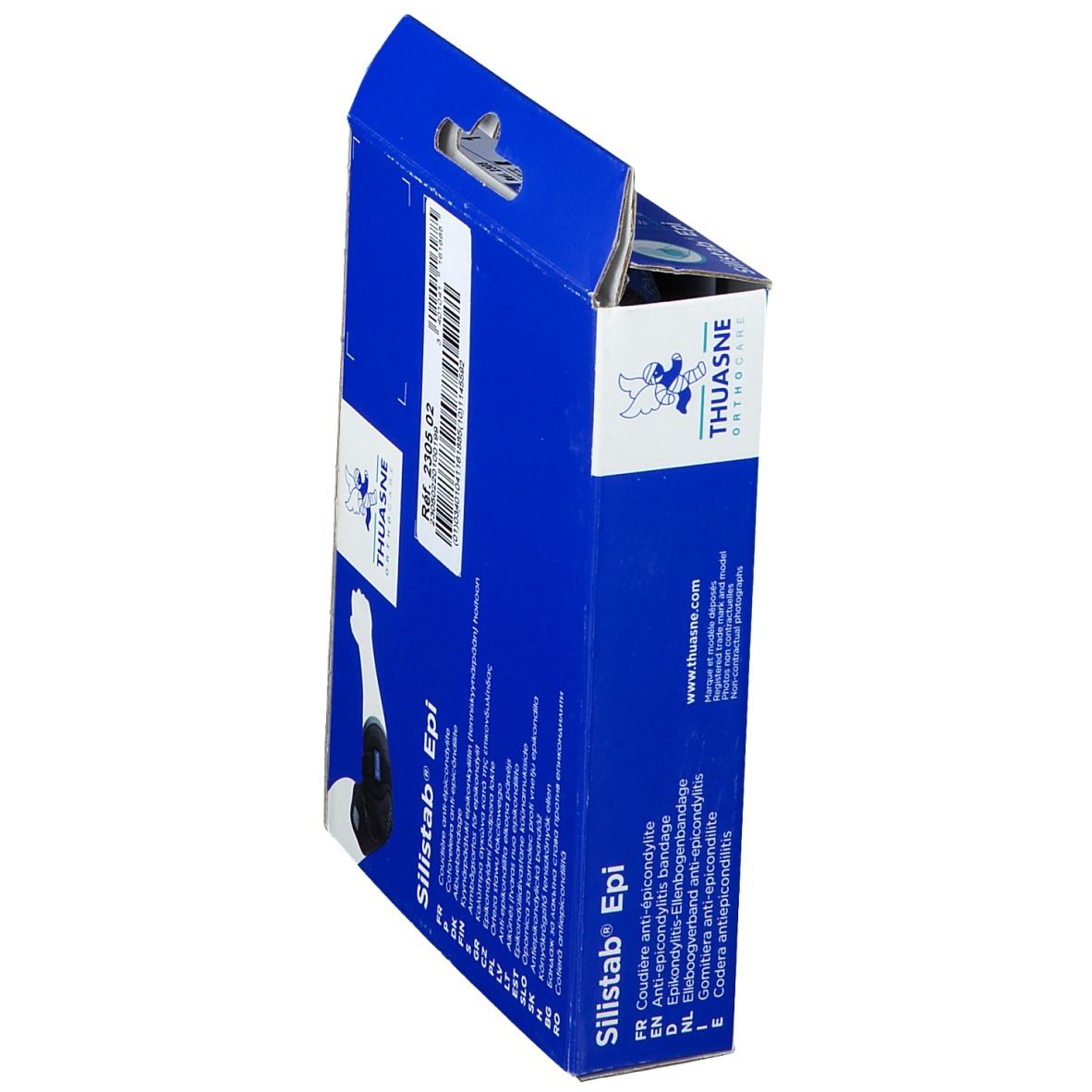 Boîte bleue Silistab Epi, vue latérale. Texte et logo Thuasne. Numéro de référence.