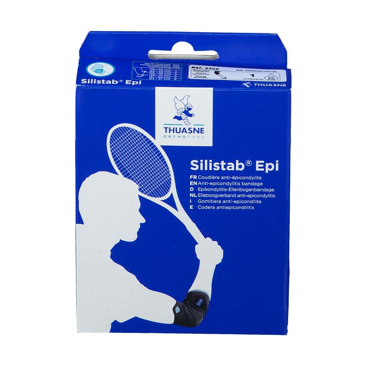 Boîte bleue Silistab Epi. Illustration joueur de tennis avec coudière. Marque Thuasne. Texte multilingue.