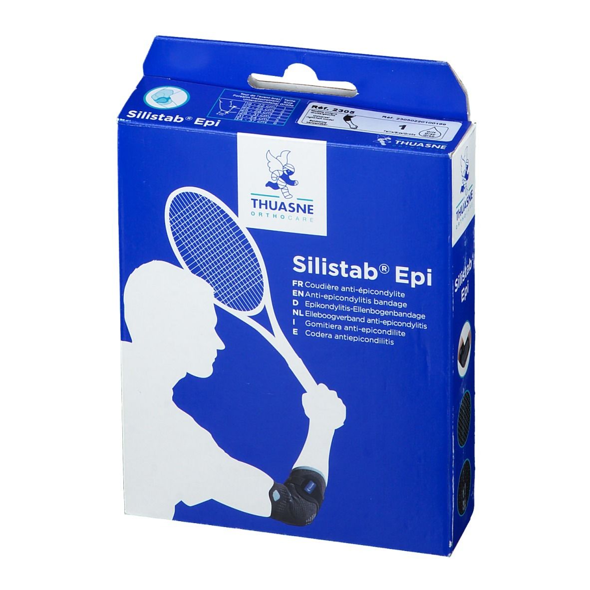 Boîte bleue Silistab Epi. Illustration joueur de tennis avec coudière. Marque Thuasne. Texte multilingue.