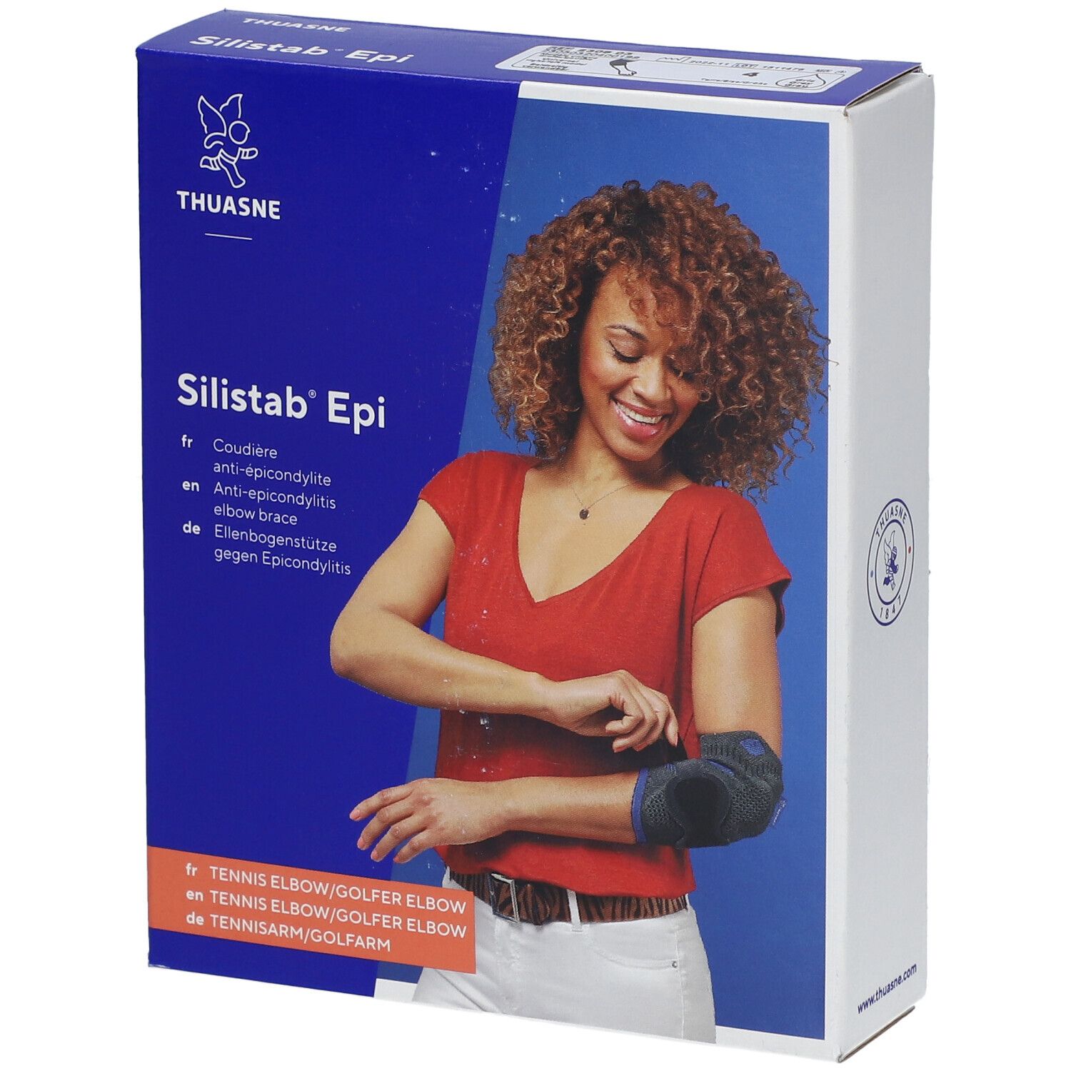 Boîte bleue avec Thuasne Silistab Epi. Femme avec coudière. Texte: Épicondylite/Tennis elbow. Taille 4.