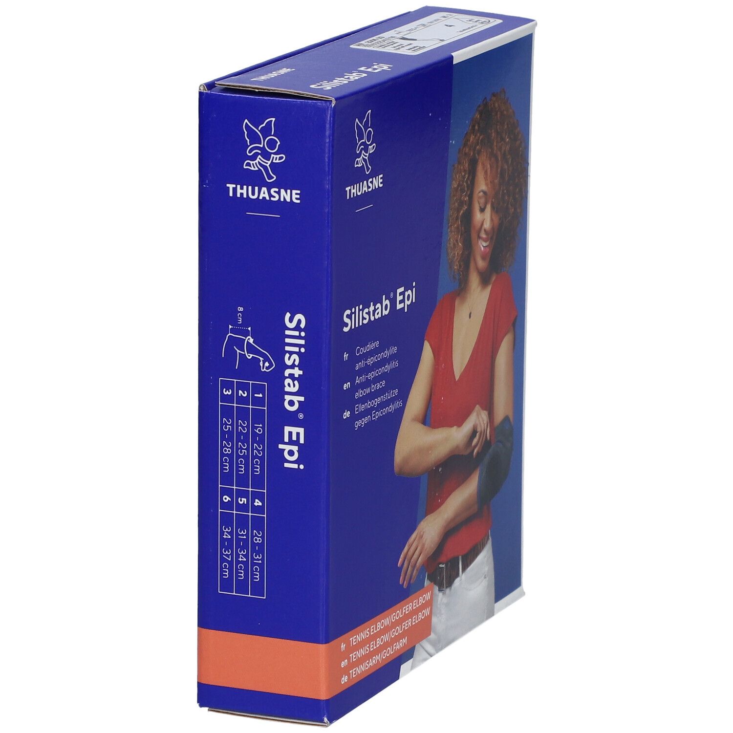 Emballage bleu Silistab Epi. Indications de taille. Femme avec coudière. Texte: Coudière.