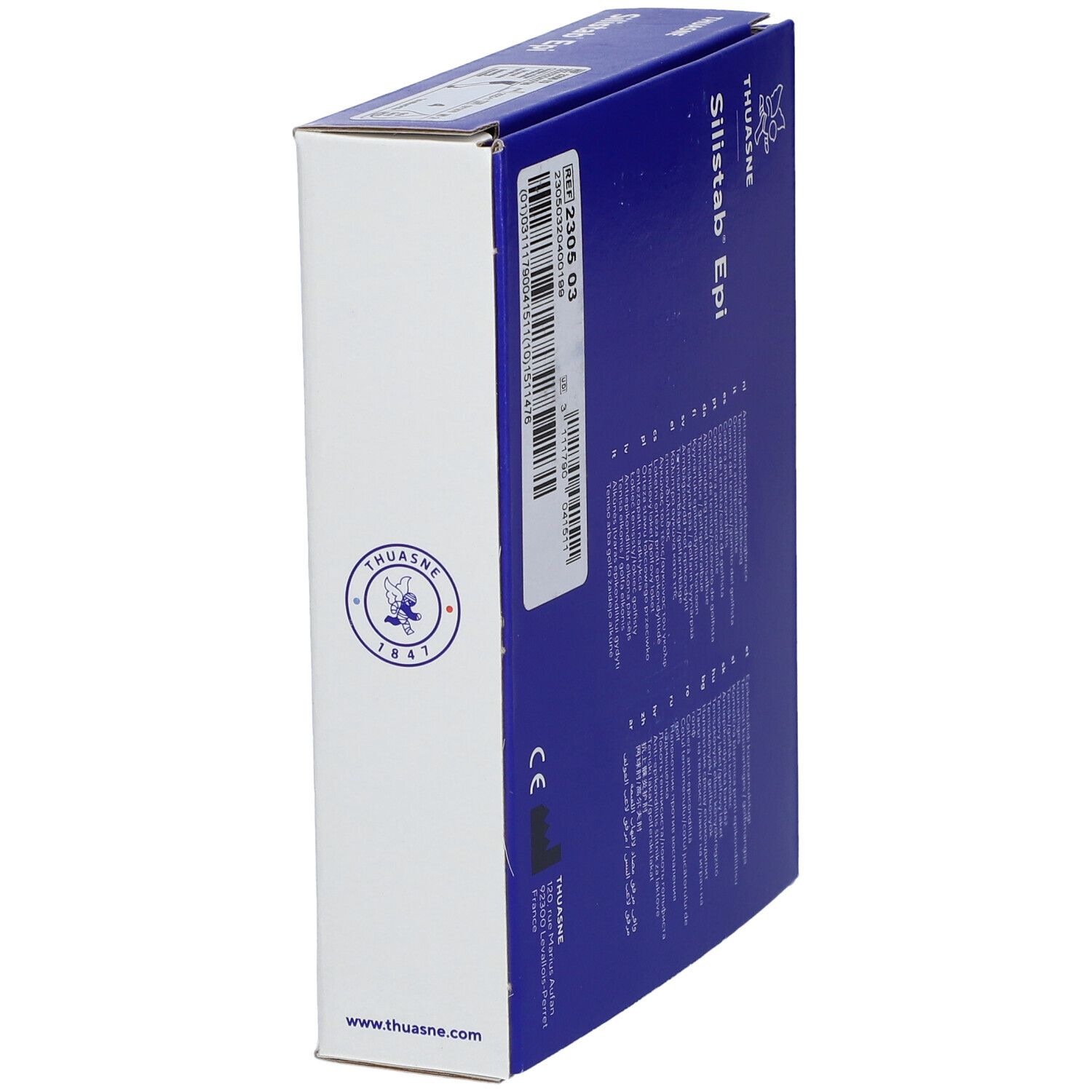Côté de la boîte bleue Thuasne Silistab Epi. Texte et logo. Marque CE.