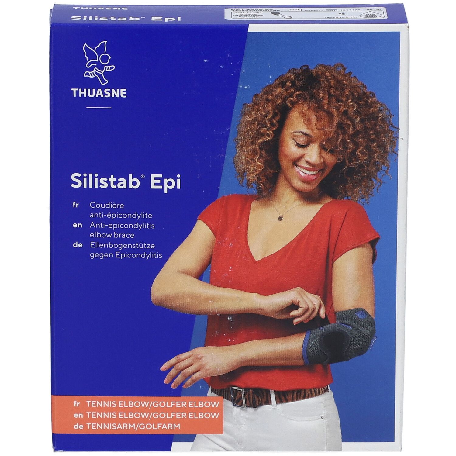 Boîte bleue avec Thuasne Silistab Epi. Femme avec coudière. Texte: Épicondylite/Tennis elbow.