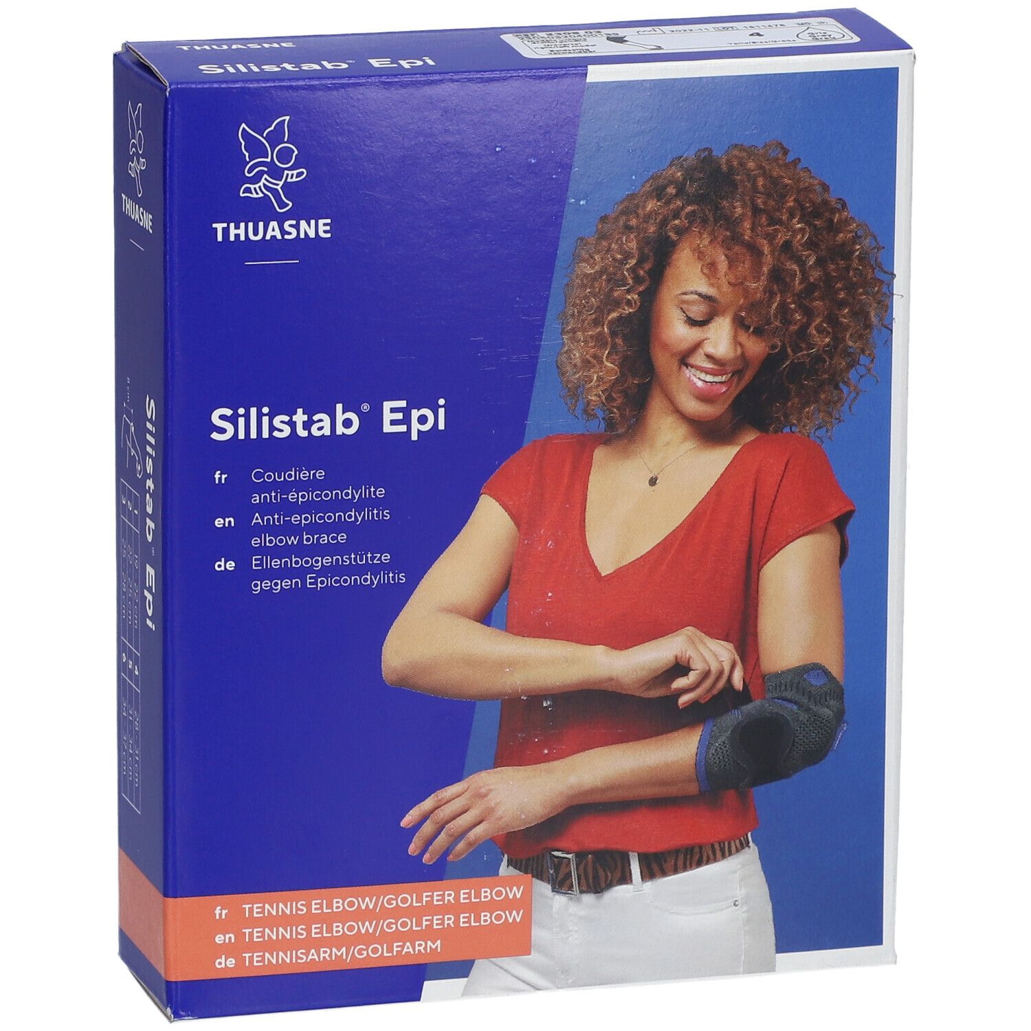 Boîte bleue avec Thuasne Silistab Epi. Femme avec coudière. Texte: Épicondylite/Tennis elbow.