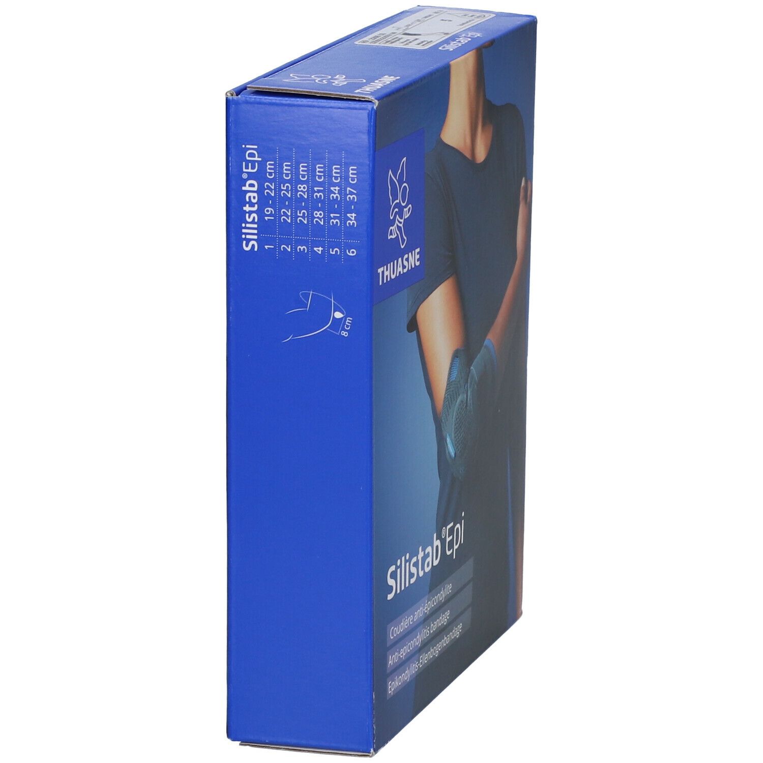 Vue latérale d'une boîte bleue. Inscriptions : THUASNE, Silistab® Epi, Coudière anti-épicondylite, Anti-epicondylitis bandage, Epikondylitis-Ellenbogenbandage. Tailles.
