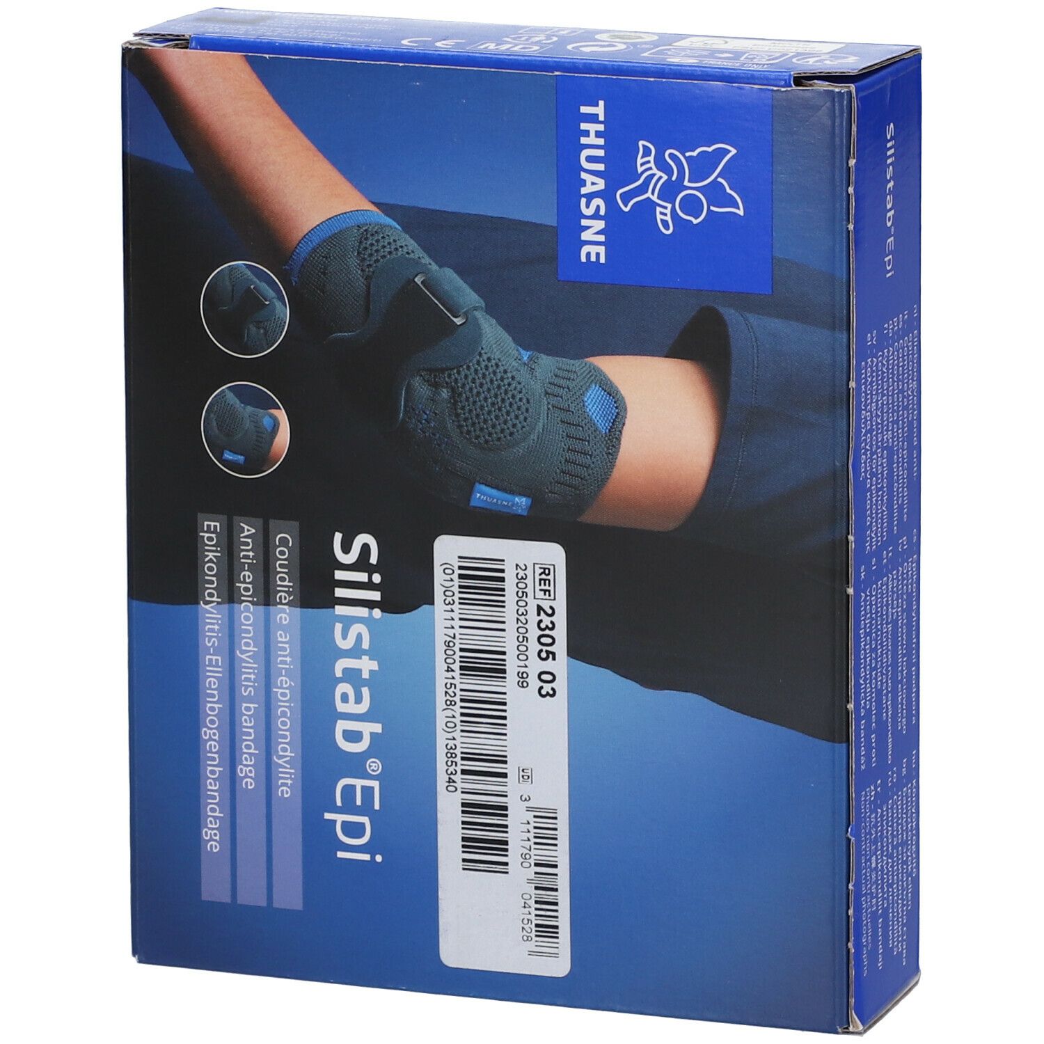 Boîte avec coudière. Inscriptions : THUASNE, Silistab® Epi, Coudière anti-épicondylite, Anti-epicondylitis bandage, Epikondylitis-Ellenbogenbandage. Code-barres.