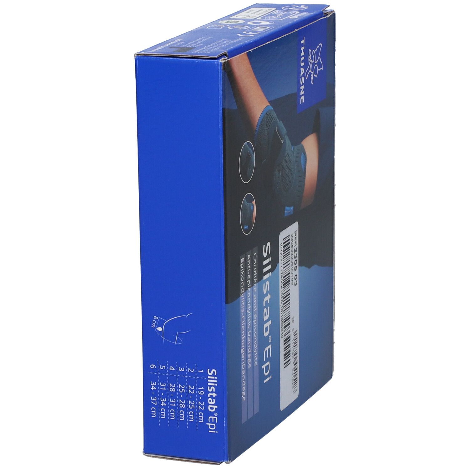 Vue latérale d'une boîte bleue. Inscriptions : THUASNE, Silistab® Epi, Coudière anti-épicondylite, Anti-epicondylitis bandage, Epikondylitis-Ellenbogenbandage. Tailles.
