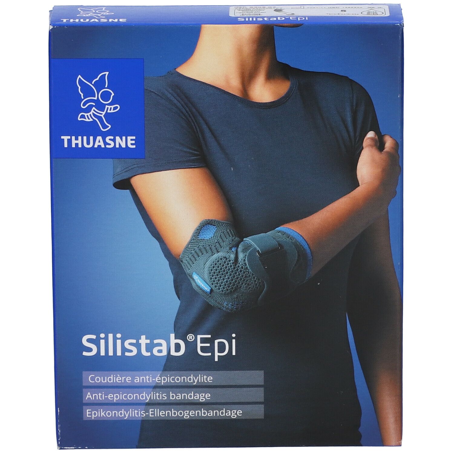 Boîte bleue avec coudière. Inscriptions : THUASNE, Silistab® Epi, Coudière anti-épicondylite, Anti-epicondylitis bandage, Epikondylitis-Ellenbogenbandage.