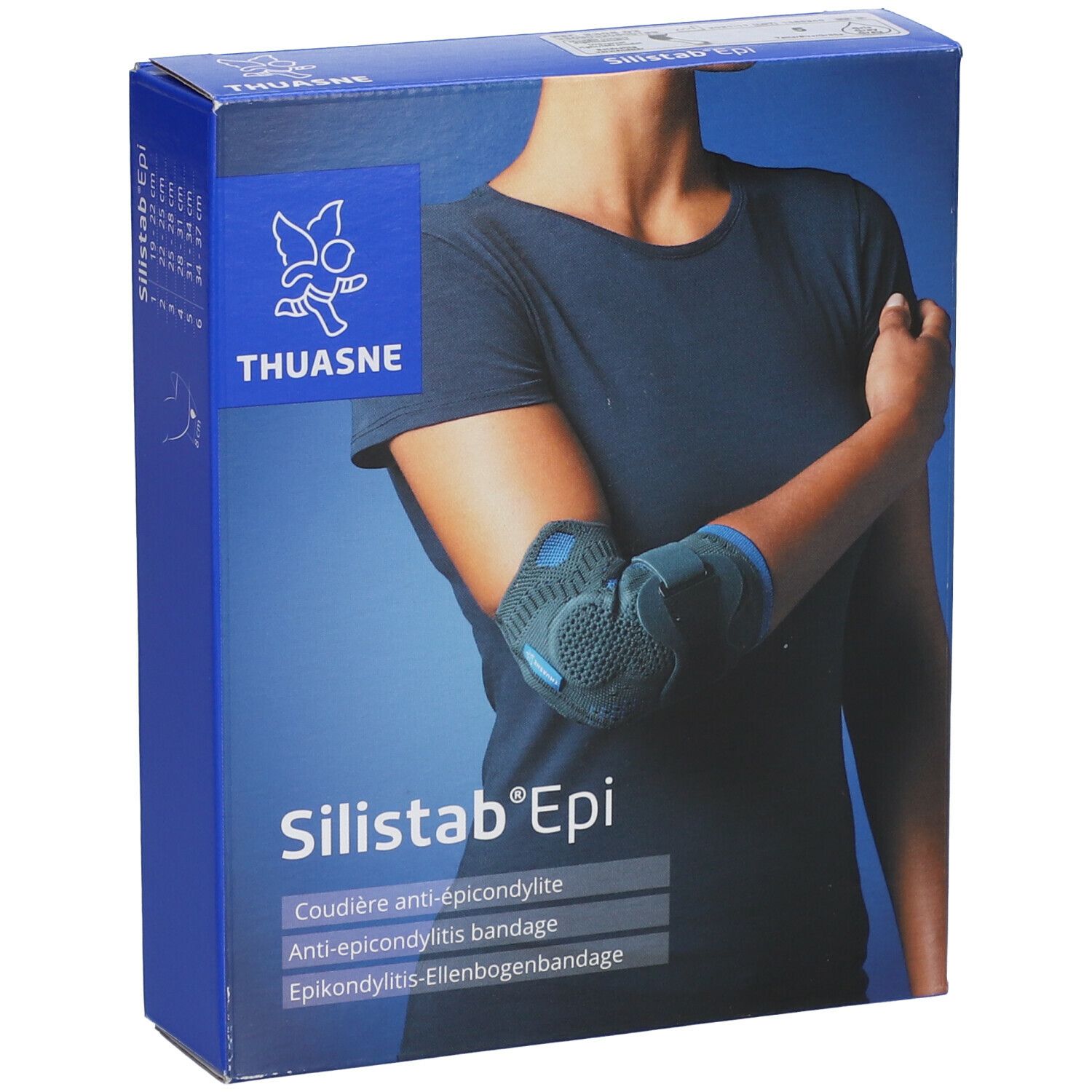 Boîte bleue avec coudière. Inscriptions : THUASNE, Silistab® Epi, Coudière anti-épicondylite, Anti-epicondylitis bandage, Epikondylitis-Ellenbogenbandage.