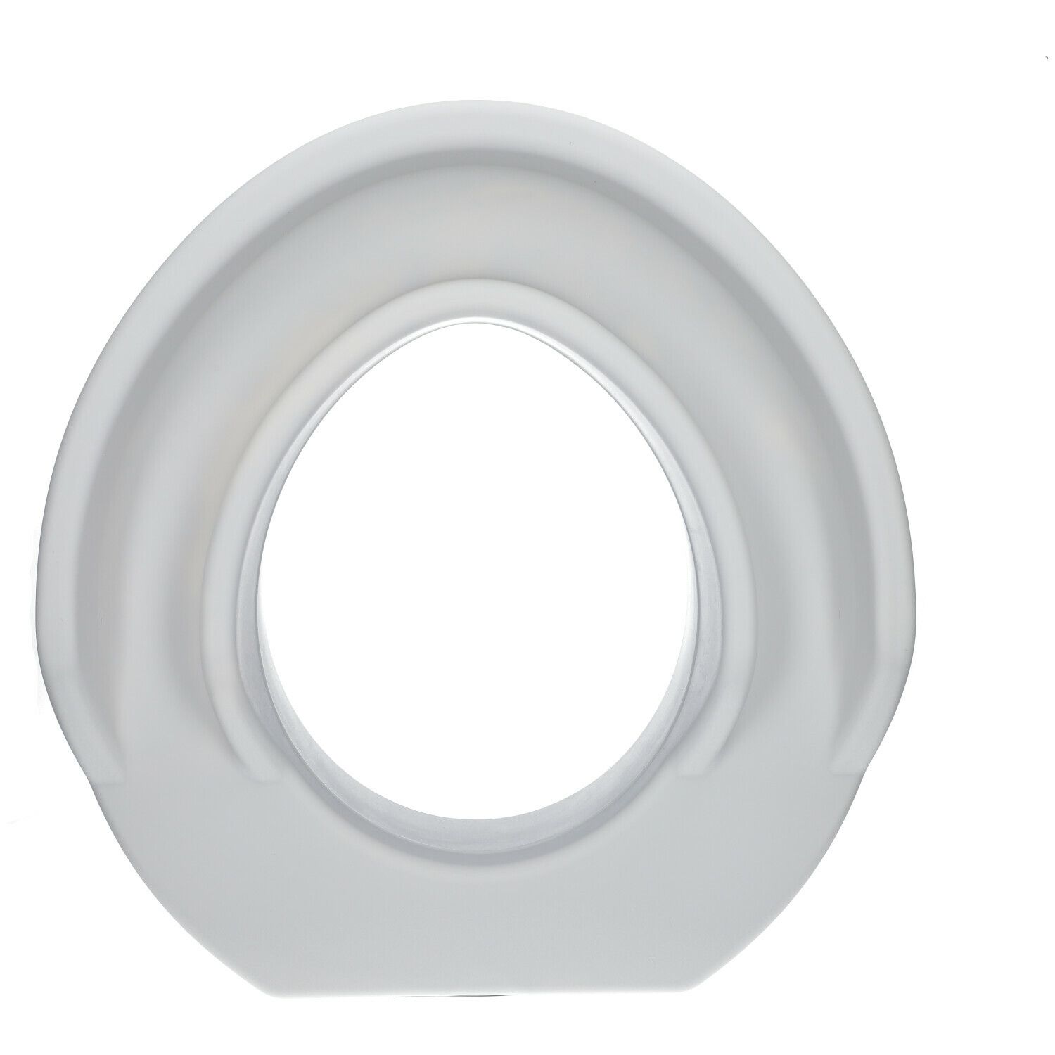 Siège de toilette blanc, forme ovale avec ouverture centrale. Deux encoches latérales. Vue de dessus.