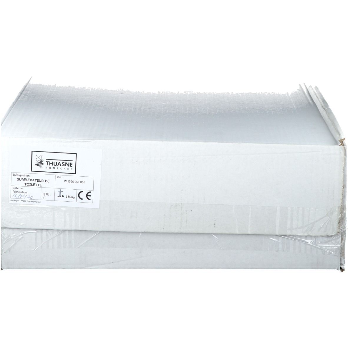 Emballage carton avec étiquette produit. Texte: THUASNE, Stabilisateur SE, Toilettes. Marquage CE.