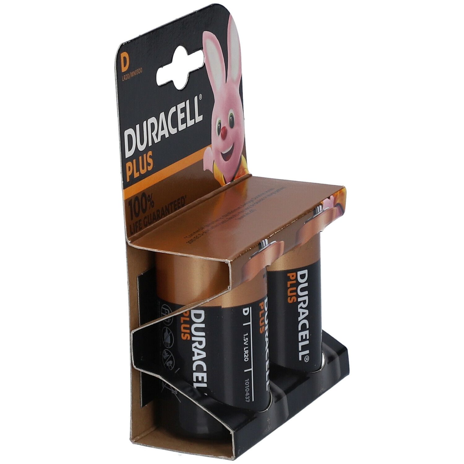 Deux piles DURACELL® PLUS POWER C dans un emballage. Piles noires et dorées.