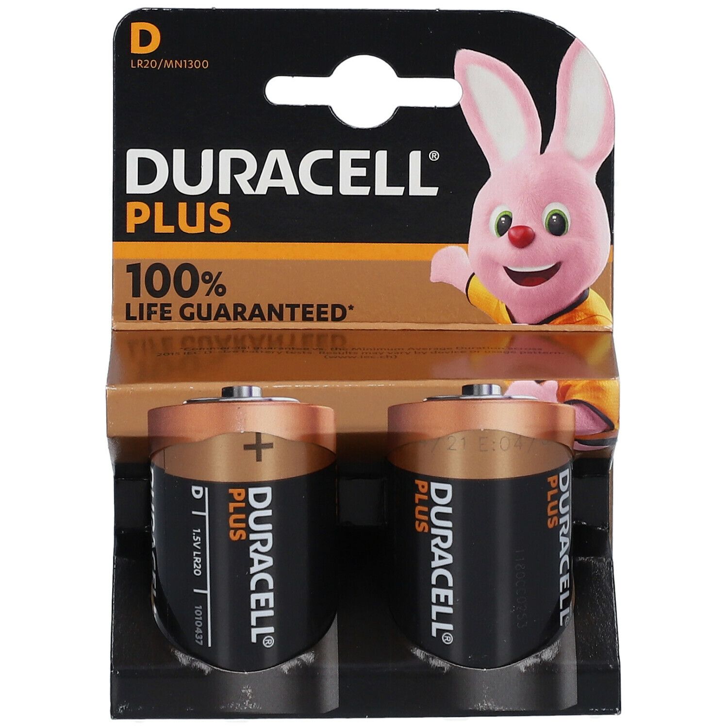 Deux piles DURACELL® PLUS POWER C dans un emballage. Piles noires et dorées.