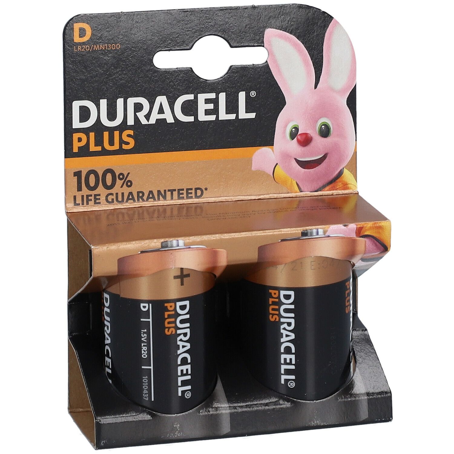 Deux piles DURACELL® PLUS POWER C dans un emballage. Piles noires et dorées.