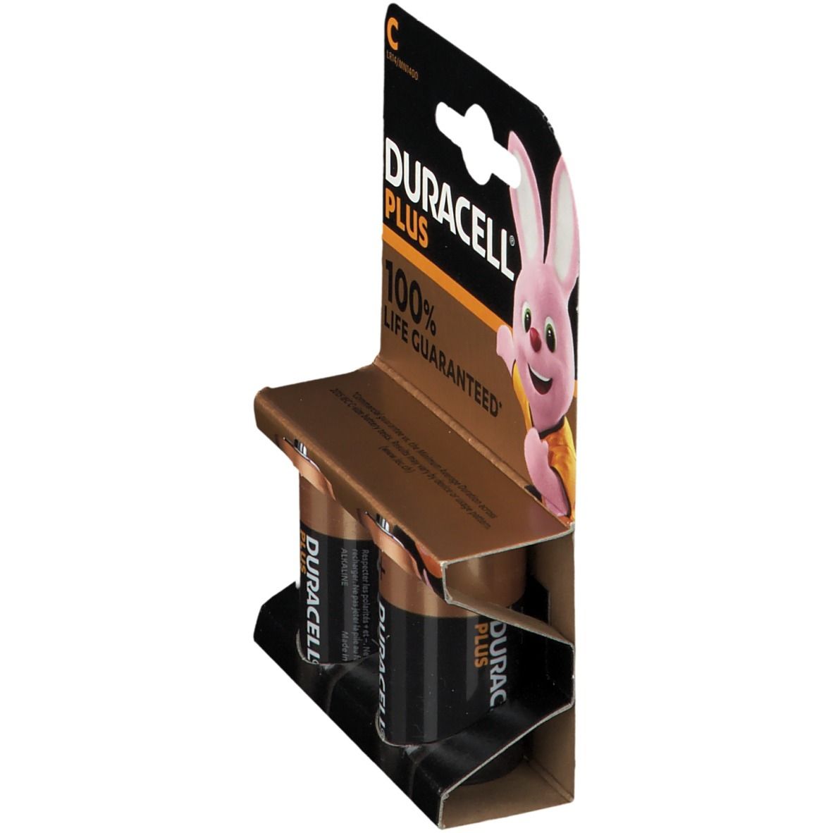 DURACELL PLUS batterijen in verpakking. Zwarte en koperkleurige batterijen. Verpakking met logo en konijn. Zijaanzicht.