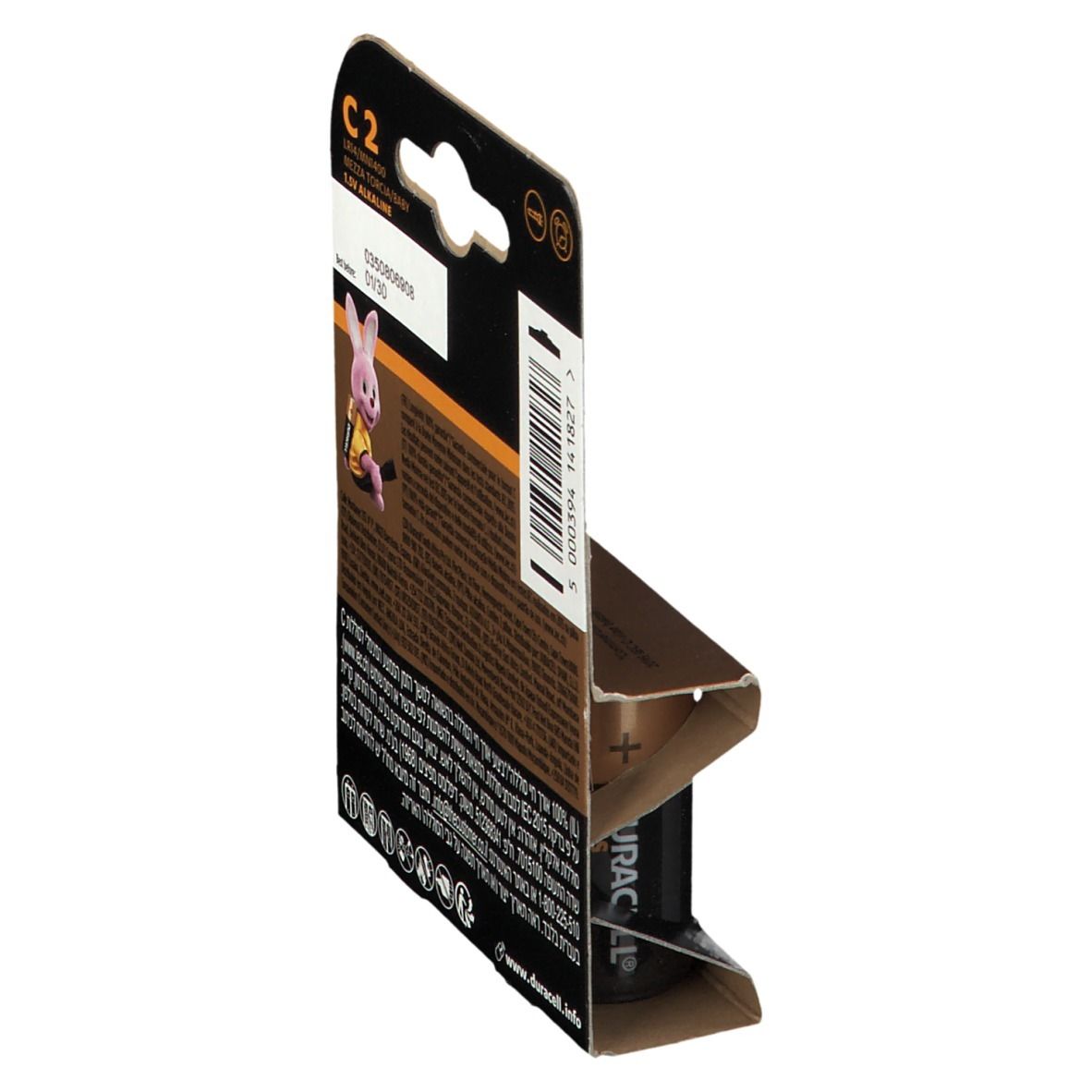 Achterkant van de DURACELL PLUS batterijverpakking. Informatie, barcode en logo. Zijaanzicht.