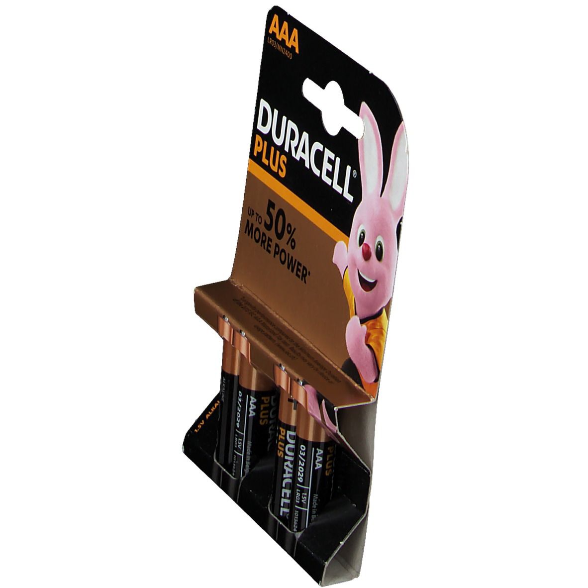 DURACELL® Plus Power AAA Batterien in Blisterverpackung. Vier Batterien sichtbar. Aufschrift: Bis zu 50 % mehr Leistung.