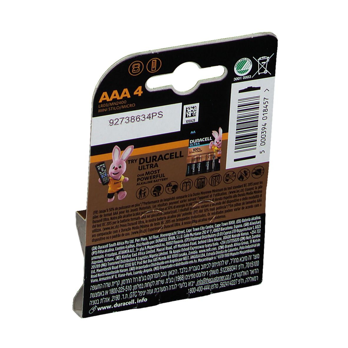 Rückseite der DURACELL® Plus Power AAA Blisterverpackung. Informationen und Logos. Aufschrift: AAA, Ultra, die leistungsstärksten Alkaline-Batterien.