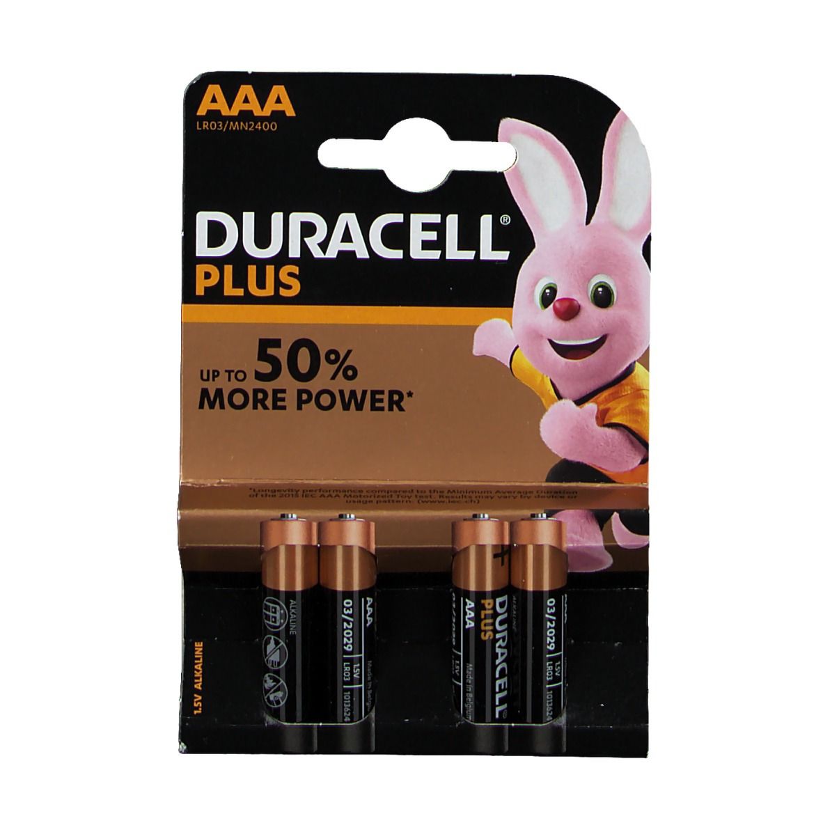 DURACELL® Plus Power AAA Batterien in Blisterverpackung. Vier Batterien sichtbar. Aufschrift: Bis zu 50 % mehr Leistung.